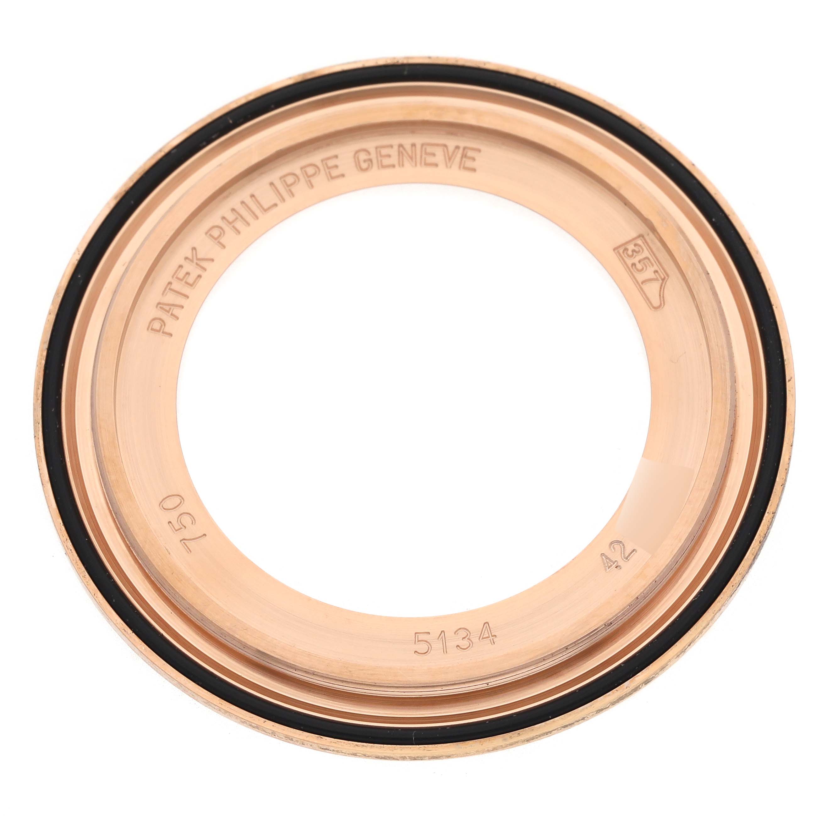 The image shows a gold watch bezel for a Patek Philippe Calatrava 5134R-001 Men's Rose Gold White Dial 5134R-001 Men's Rose Gold White Dial, viewed from above.