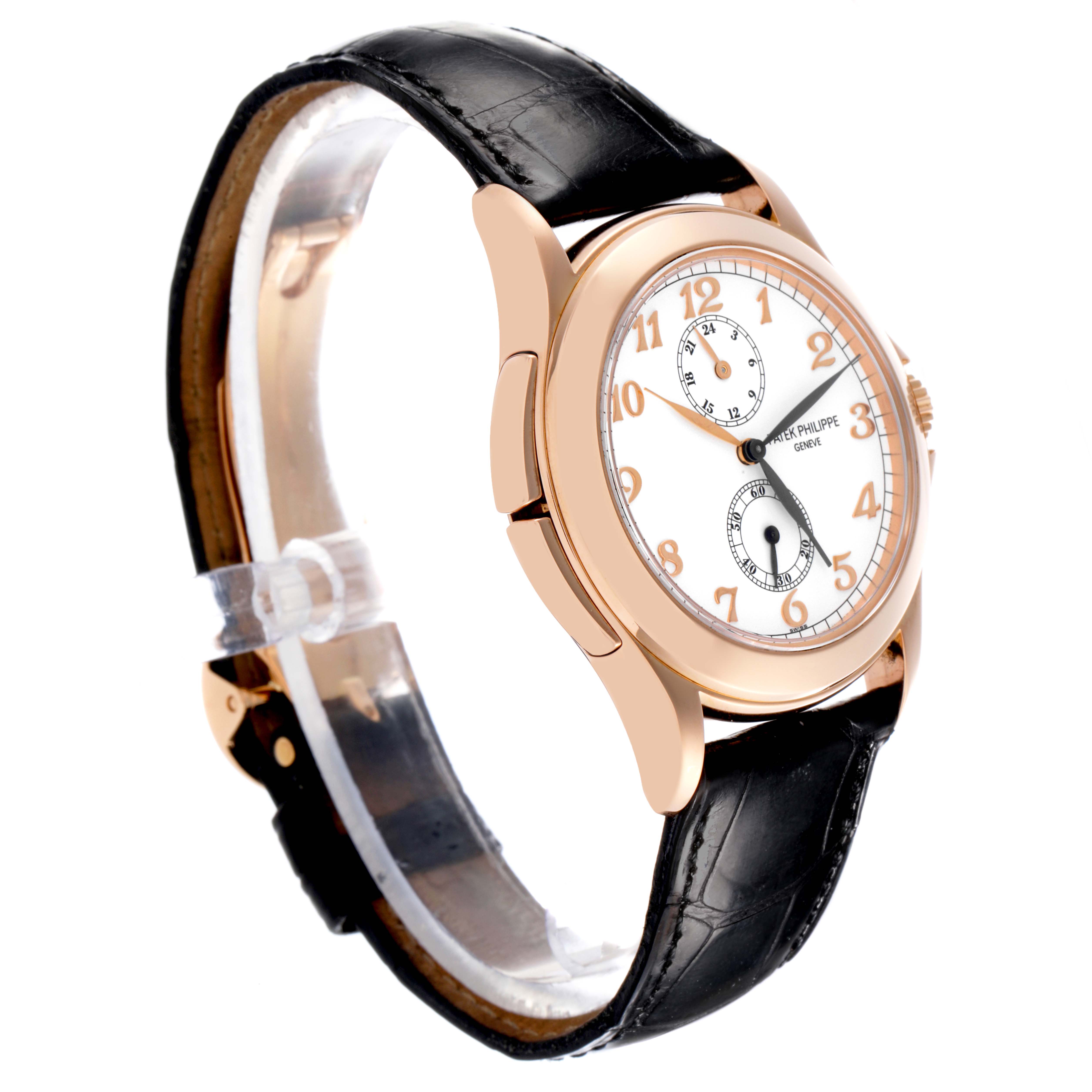 The Patek Philippe Calatrava 5134R-001 Men's Rose Gold White Dial 5134R-001 Men's Rose Gold White Dial watch is shown at a slight angle, displaying its face, strap, and side view.