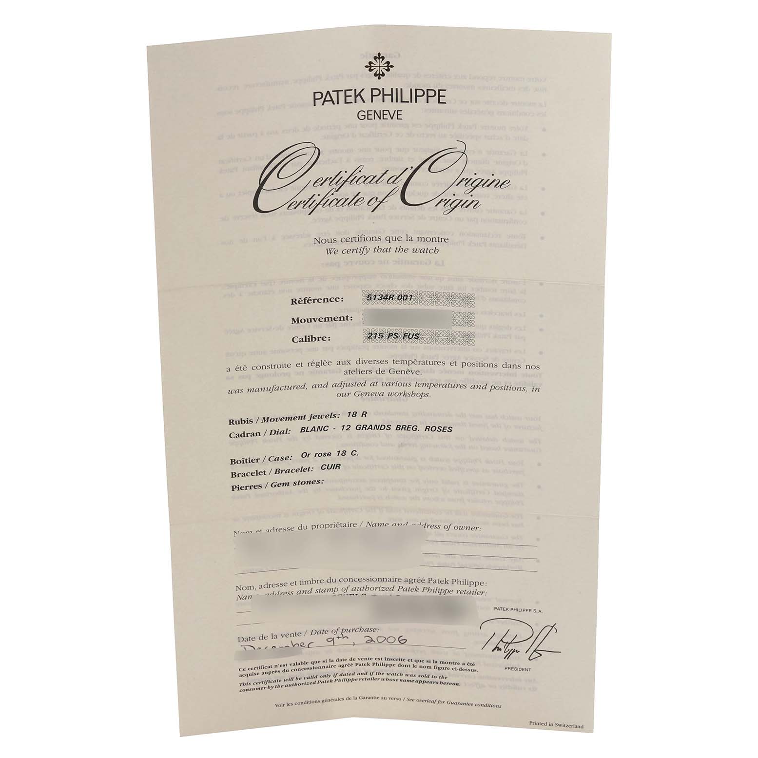 The image shows the Certificate of Origin for a Patek Philippe Calatrava 5134R-001 Men's Rose Gold White Dial 5134R-001 Men's Rose Gold White Dial watch.