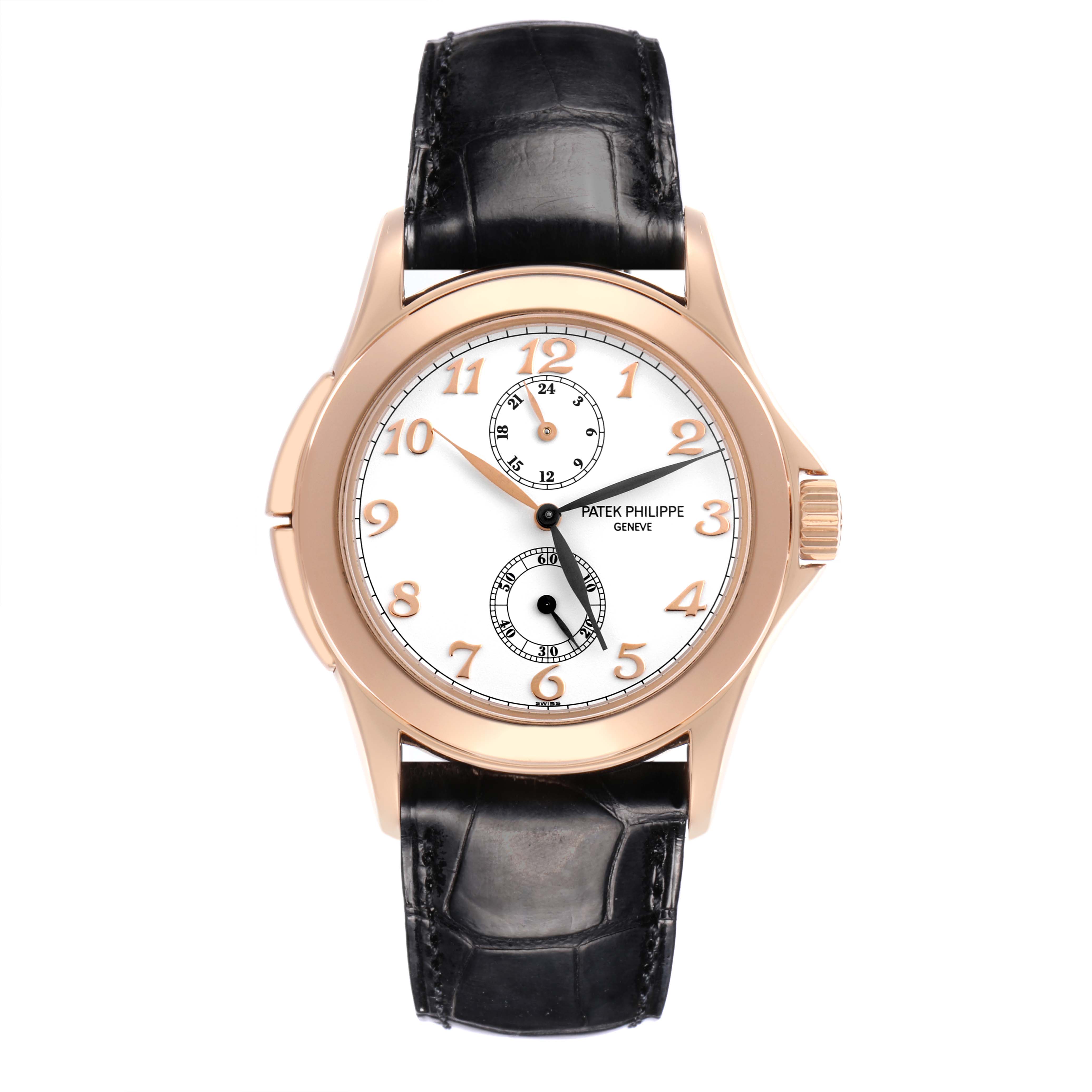The Patek Philippe Calatrava 5134R-001 Men's Rose Gold White Dial 5134R-001 Men's Rose Gold White Dial watch is shown from a front-facing angle, featuring the dial, hands, and leather strap.