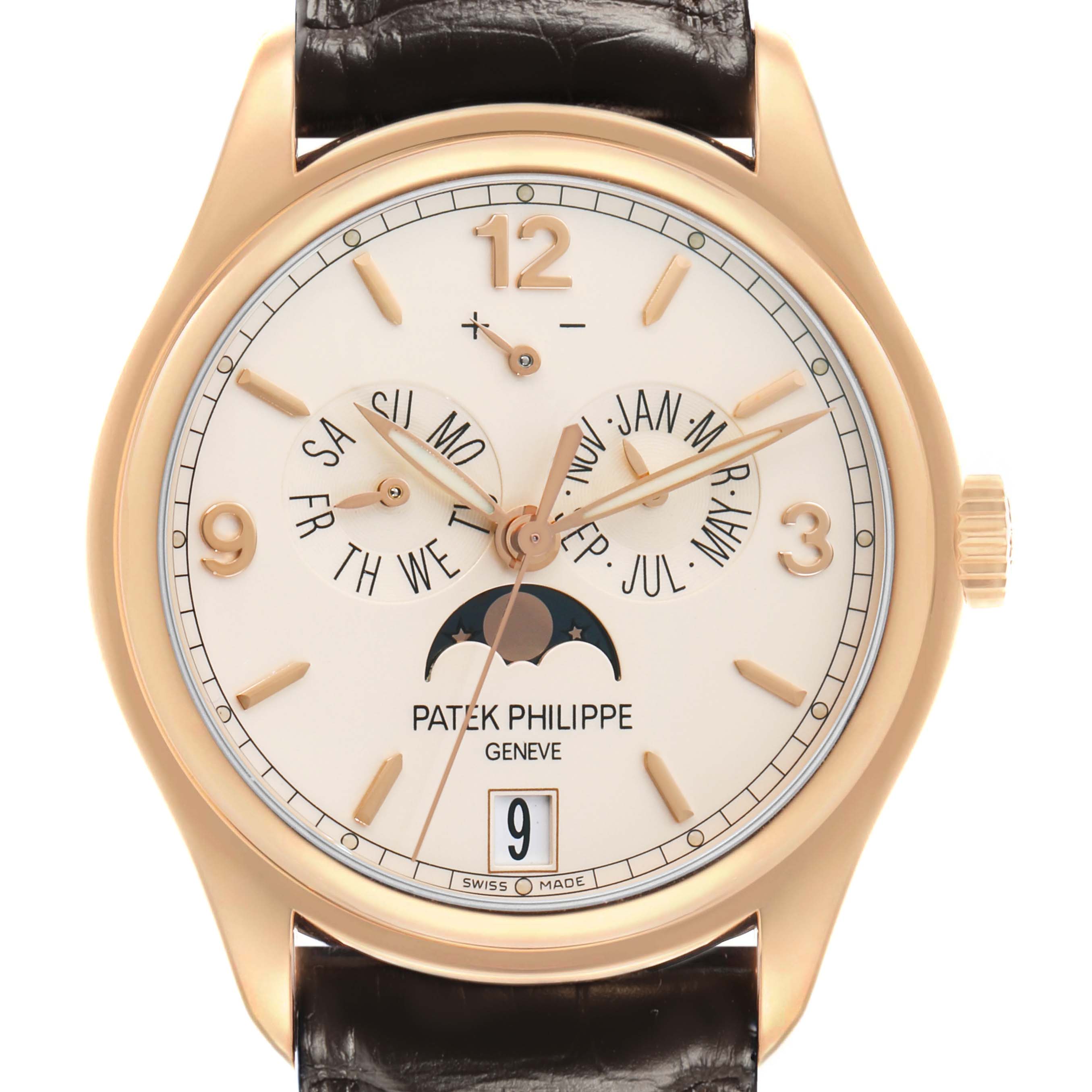 The Patek Philippe Complications 5146R-001 Men's Rose Gold Beige Dial watch is shown from the front, displaying its dial, moon phase, day, date, and month indicators.