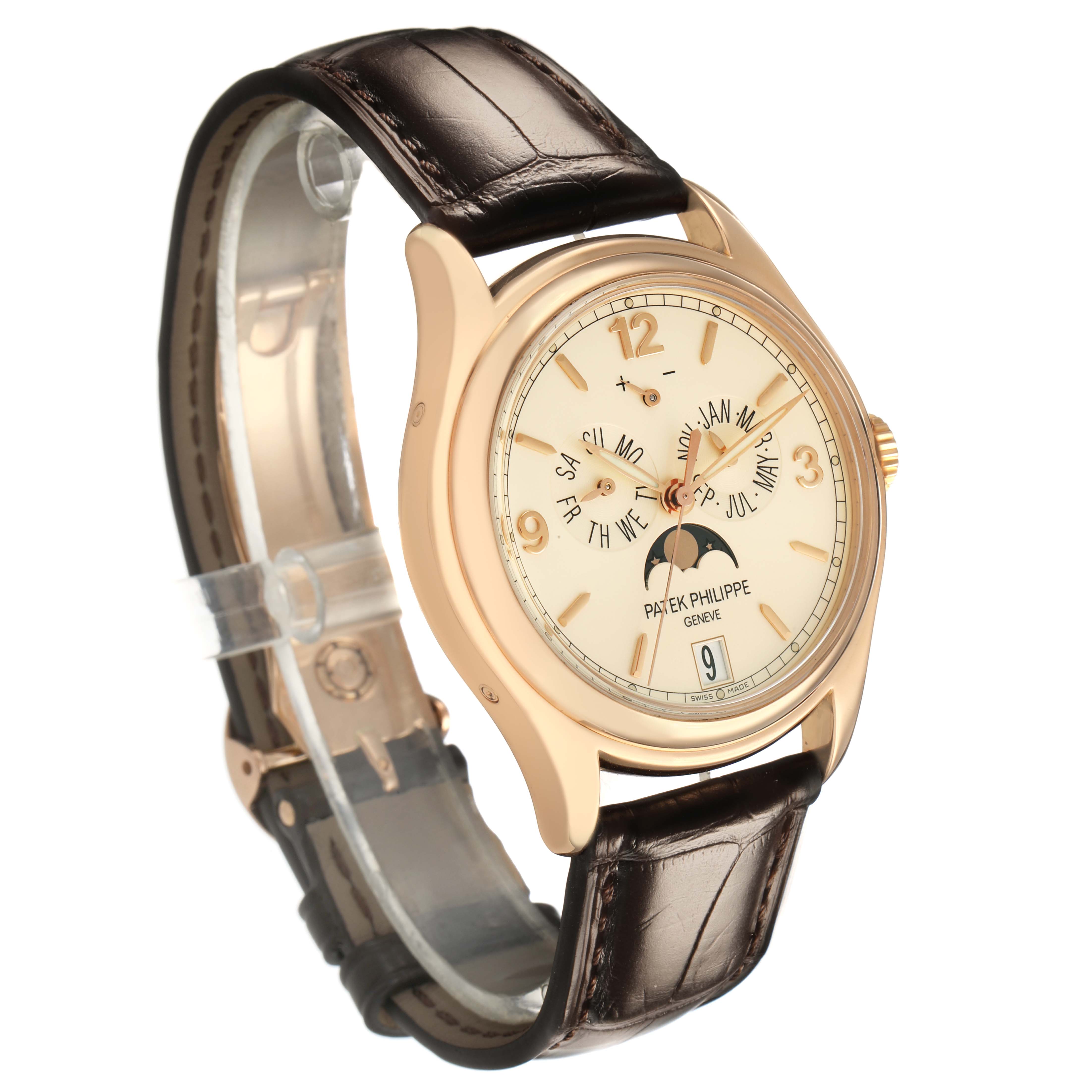 The Patek Philippe Complications 5146R-001 Men's Rose Gold Beige Dial watch is shown from a three-quarter angle, highlighting the dial and leather strap.
