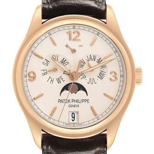 The Patek Philippe Complications 5146R-001 Men's Rose Gold Beige Dial watch is shown from the front, displaying its dial with calendar functions and moon phase.