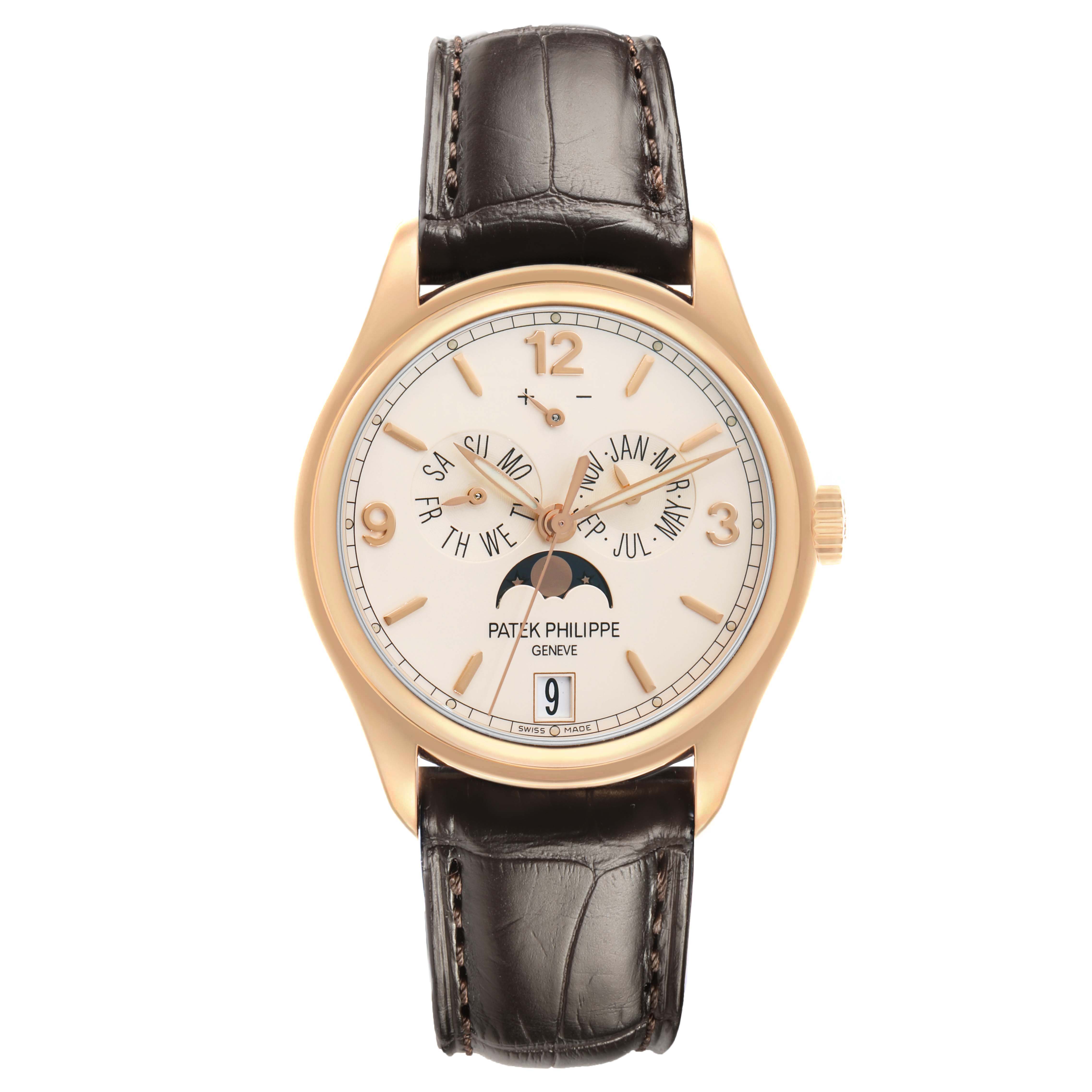 The image shows a front view of the Patek Philippe Complications 5146R-001 Men's Rose Gold Beige Dial watch, displaying its dial, hands, and leather strap.