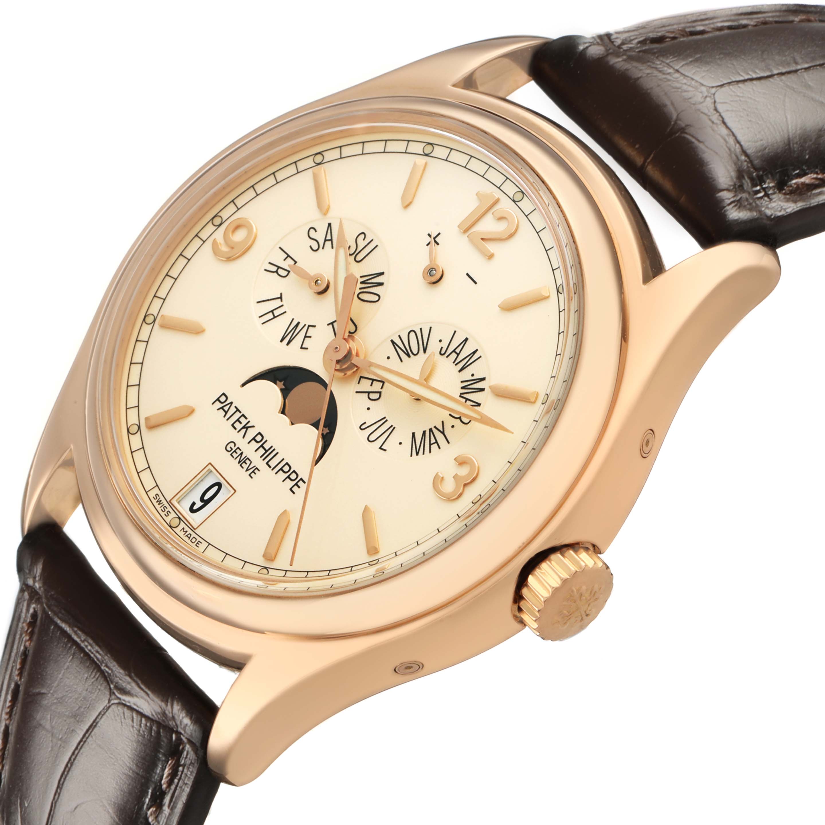 The Patek Philippe Complications 5146R-001 Men's Rose Gold Beige Dial watch is shown at a three-quarter angle, displaying its dial, crown, and leather strap.