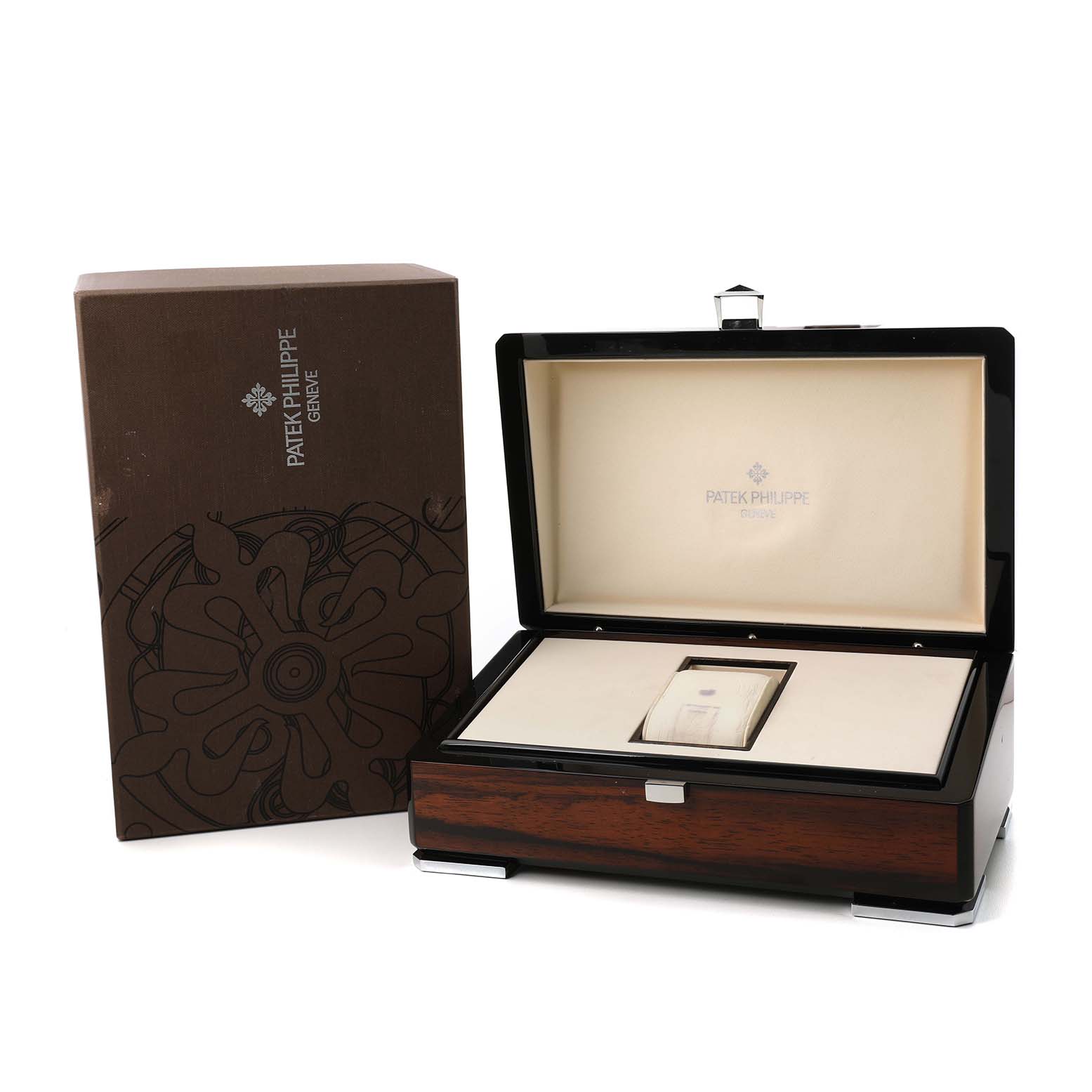 The image shows the open box and packaging for a Patek Philippe Complications 5146R-001 Men's Rose Gold Beige Dial watch.