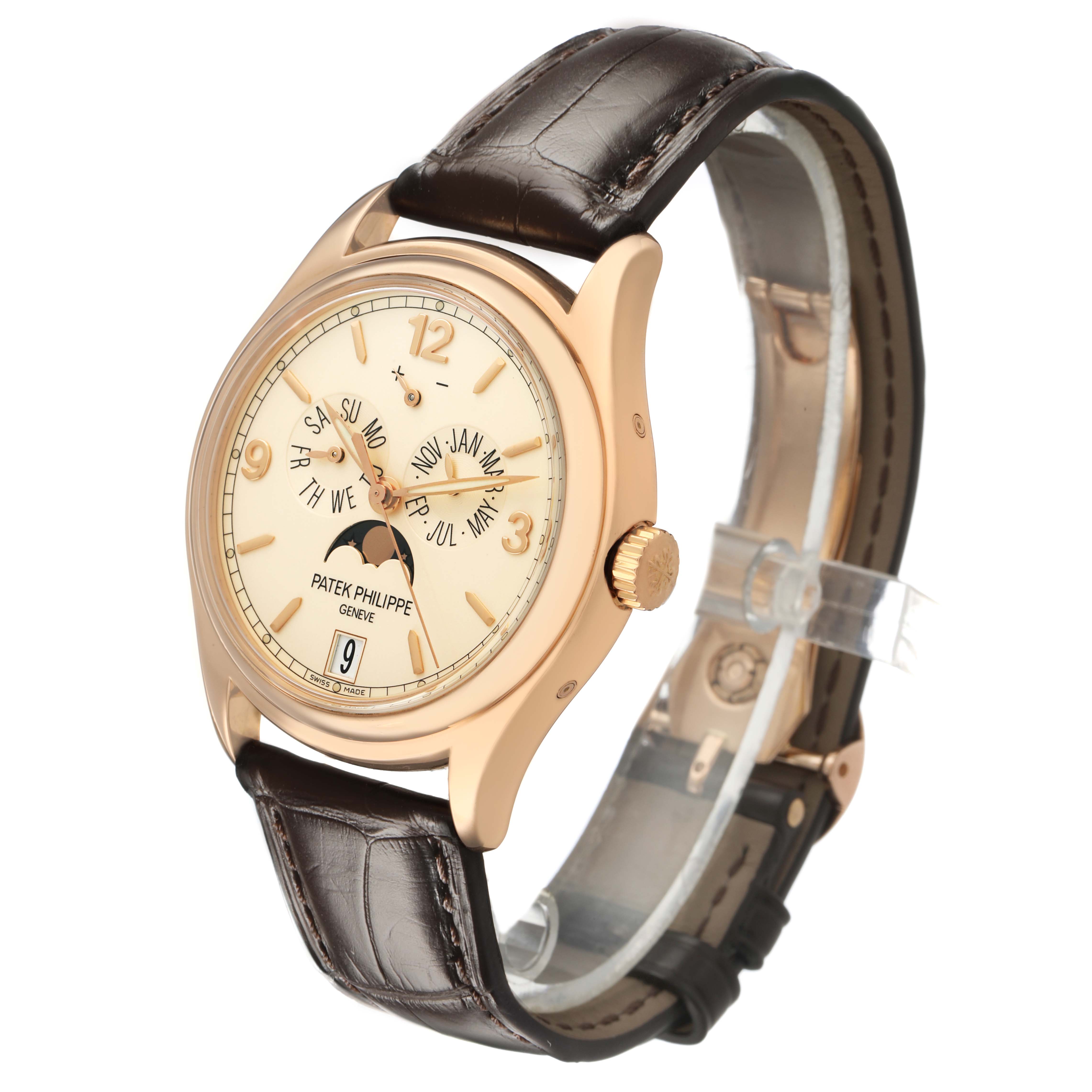 The Patek Philippe Complications 5146R-001 Men's Rose Gold Beige Dial watch is shown at a three-quarter angle, displaying the face, crown, and leather strap.