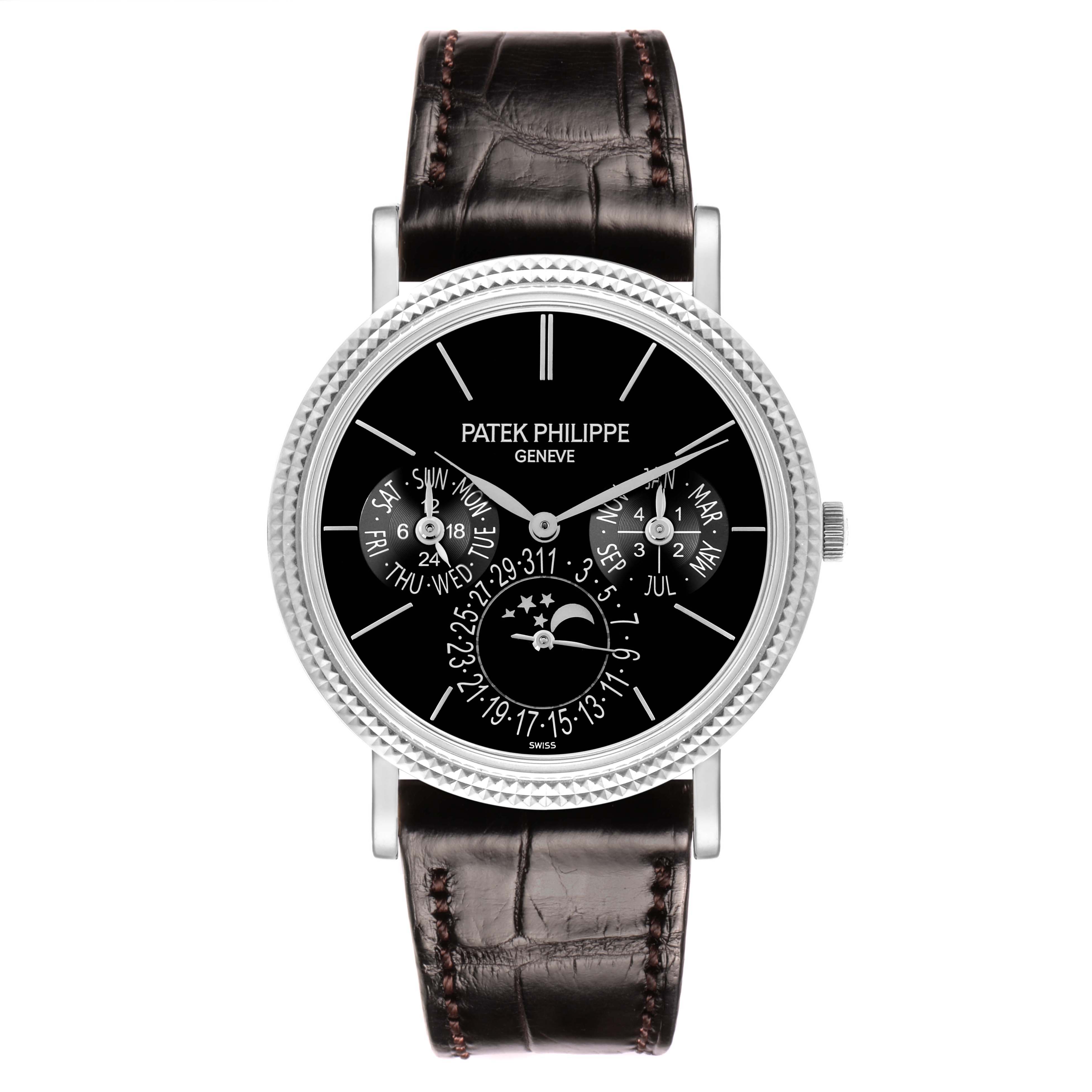The watch is a Patek Philippe Complications 5139G Men's White Gold Black Dial model shown from a front angle, displaying its face and leather strap.