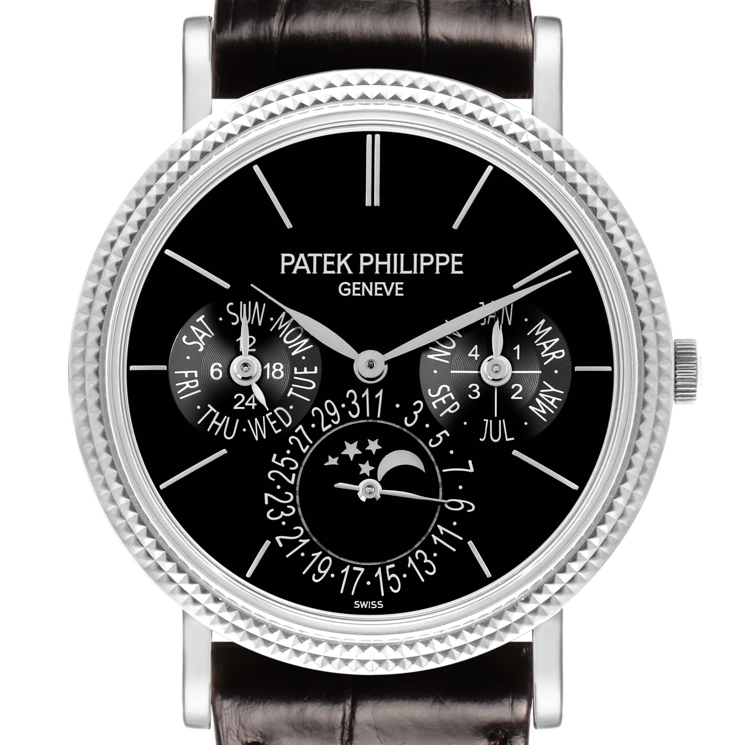 The Patek Philippe Complications 5139G Men's White Gold Black Dial watch is shown from the front, highlighting the dial with calendar sub-dials and moon phase.