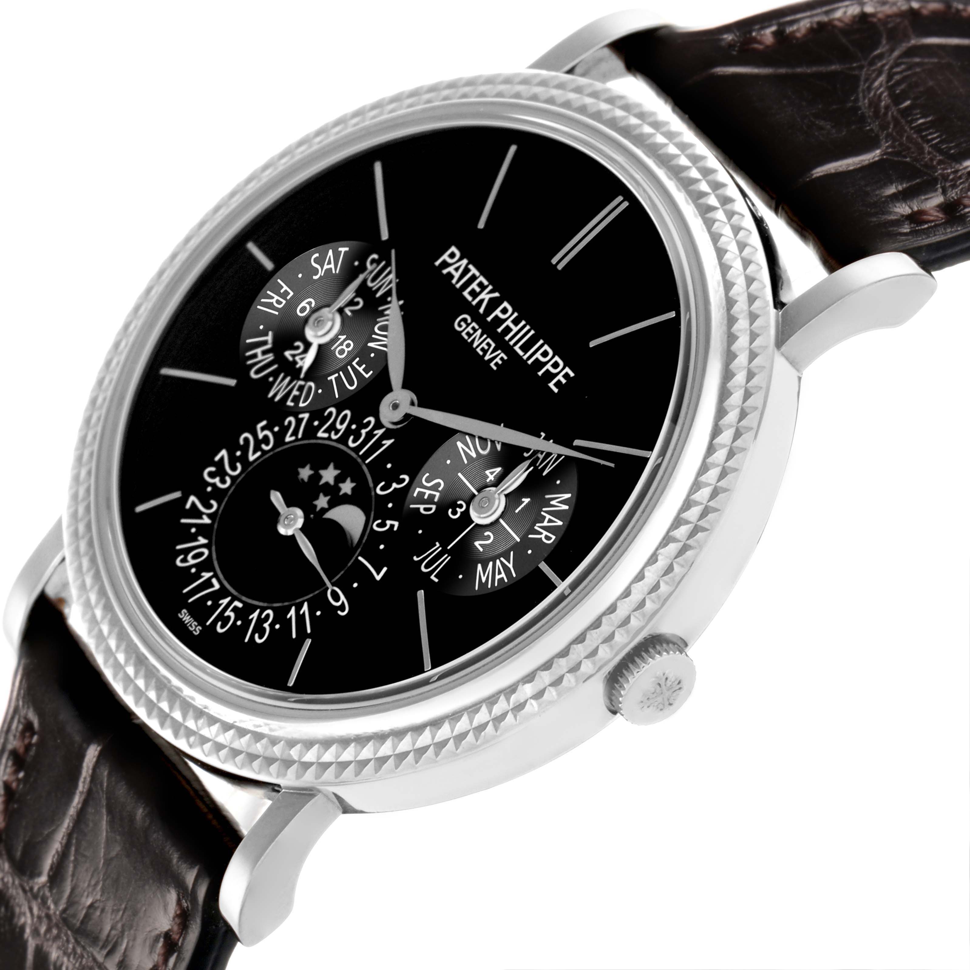 The Patek Philippe Complications 5139G Men's White Gold Black Dial model is shown at an angled view, displaying the face, subdials, and textured bezel with a leather strap.