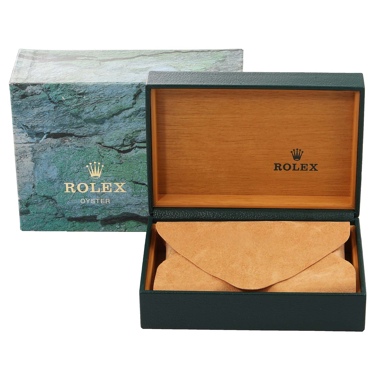 This image shows the storage box of a Rolex Air-King 14000 Men's Stainless Steel Pink Dial 14000 Men's Stainless Steel Pink Dial watch, including its outer and inner packaging with the box open.