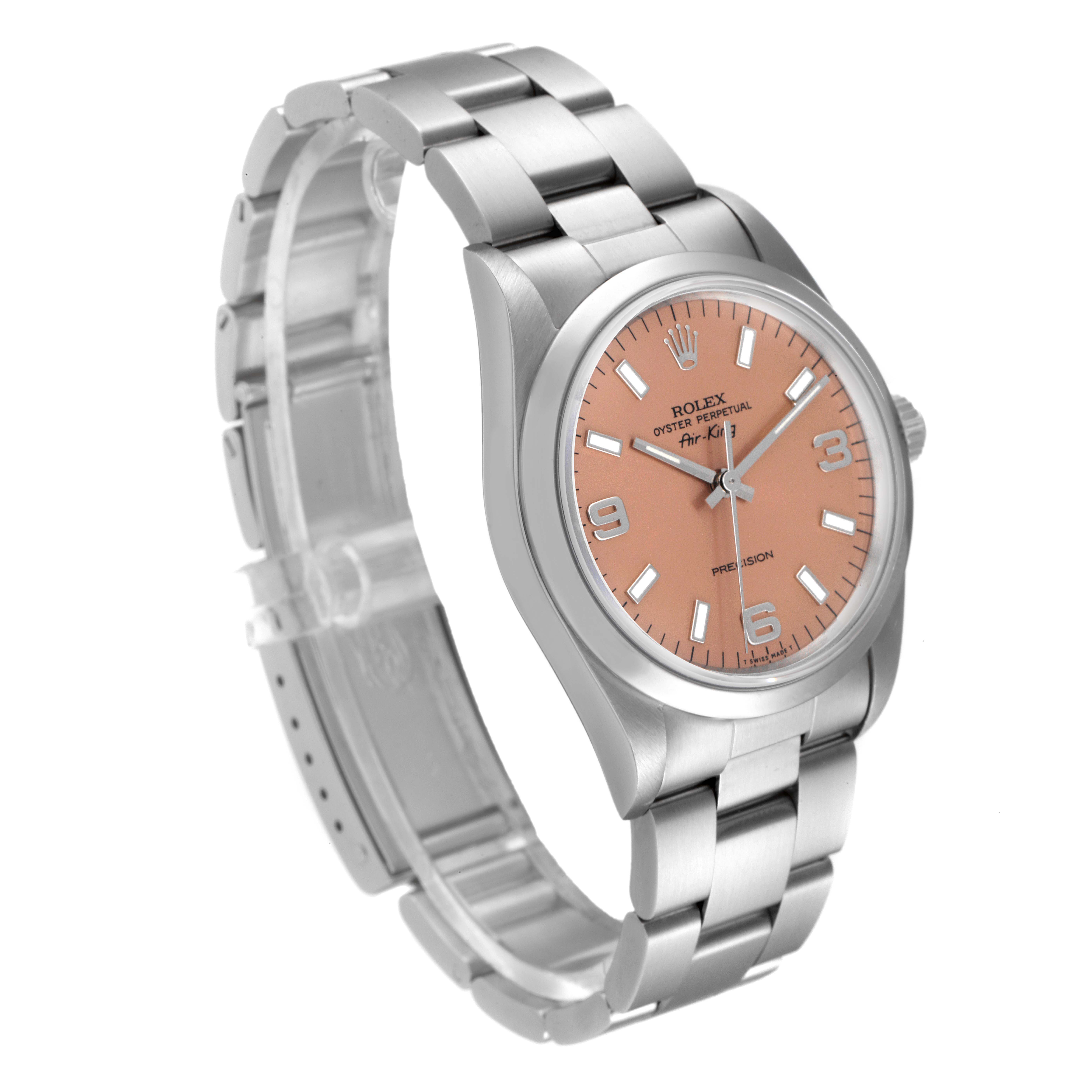 This image shows a Rolex Air-King 14000 Men's Stainless Steel Pink Dial 14000 Men's Stainless Steel Pink Dial watch at a three-quarter angle, highlighting the face, bezel, and bracelet.