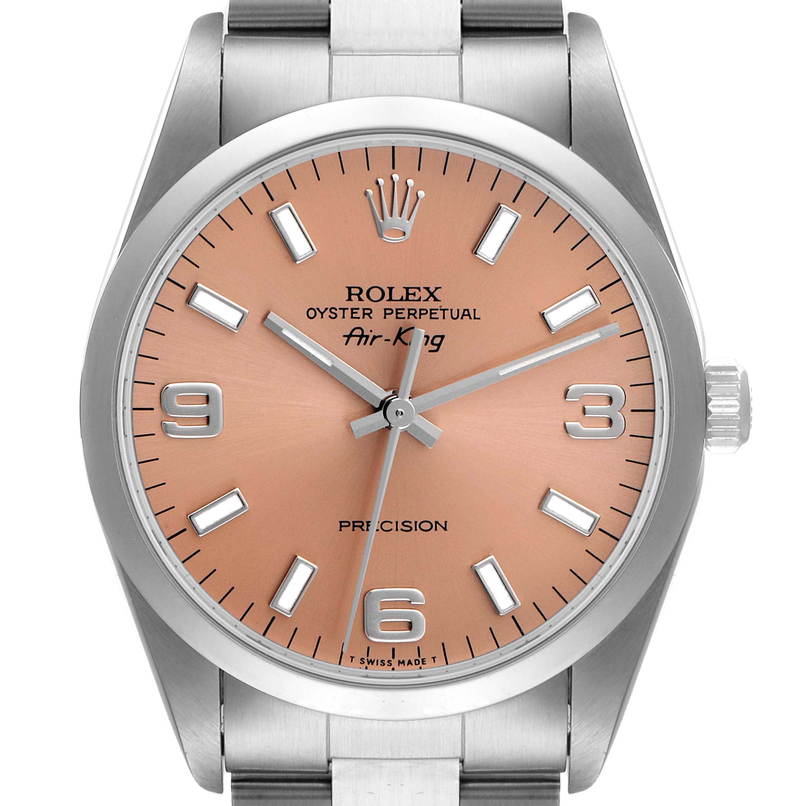 This Rolex Air-King 14000 Men's Stainless Steel Pink Dial 14000 Men's Stainless Steel Pink Dial watch is shown from a front angle, highlighting the face, crown, and part of the bracelet.