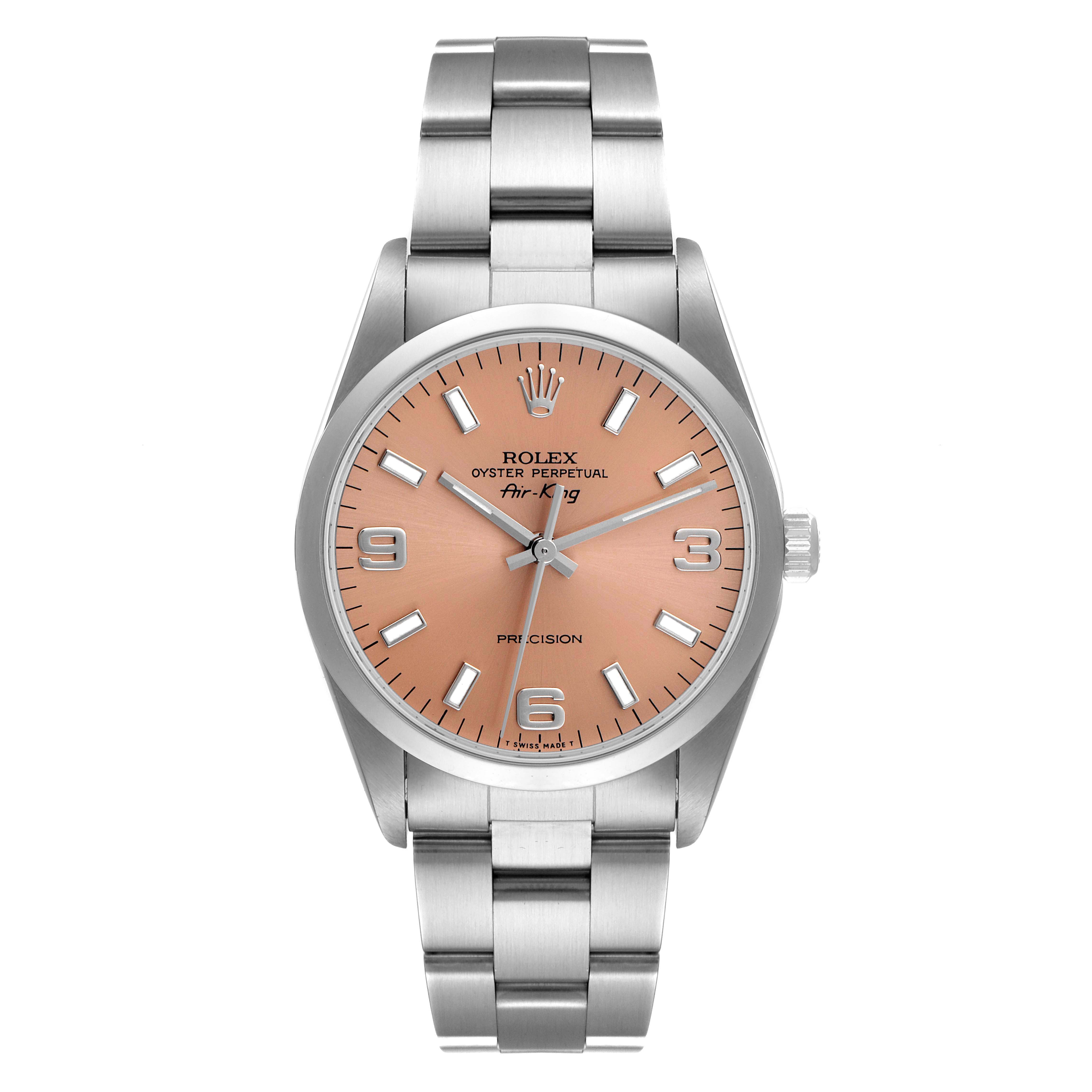 The image shows a front view of a Rolex Air-King 14000 Men's Stainless Steel Pink Dial 14000 Men's Stainless Steel Pink Dial watch with a silver bracelet and a salmon-colored dial.
