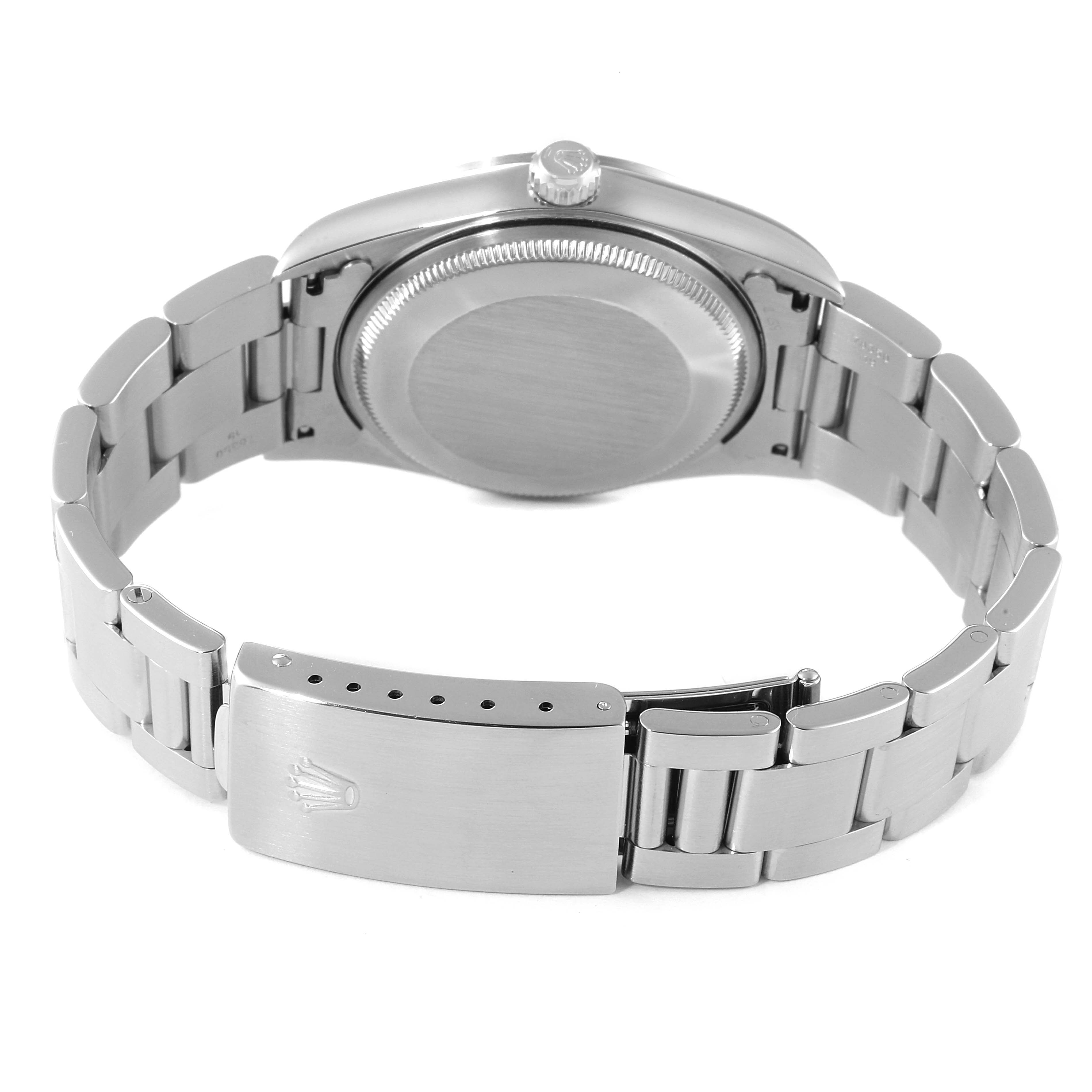 This image shows the case back and bracelet of the Rolex Air-King 14000 Men's Stainless Steel Pink Dial 14000 Men's Stainless Steel Pink Dial watch from a rear angle.