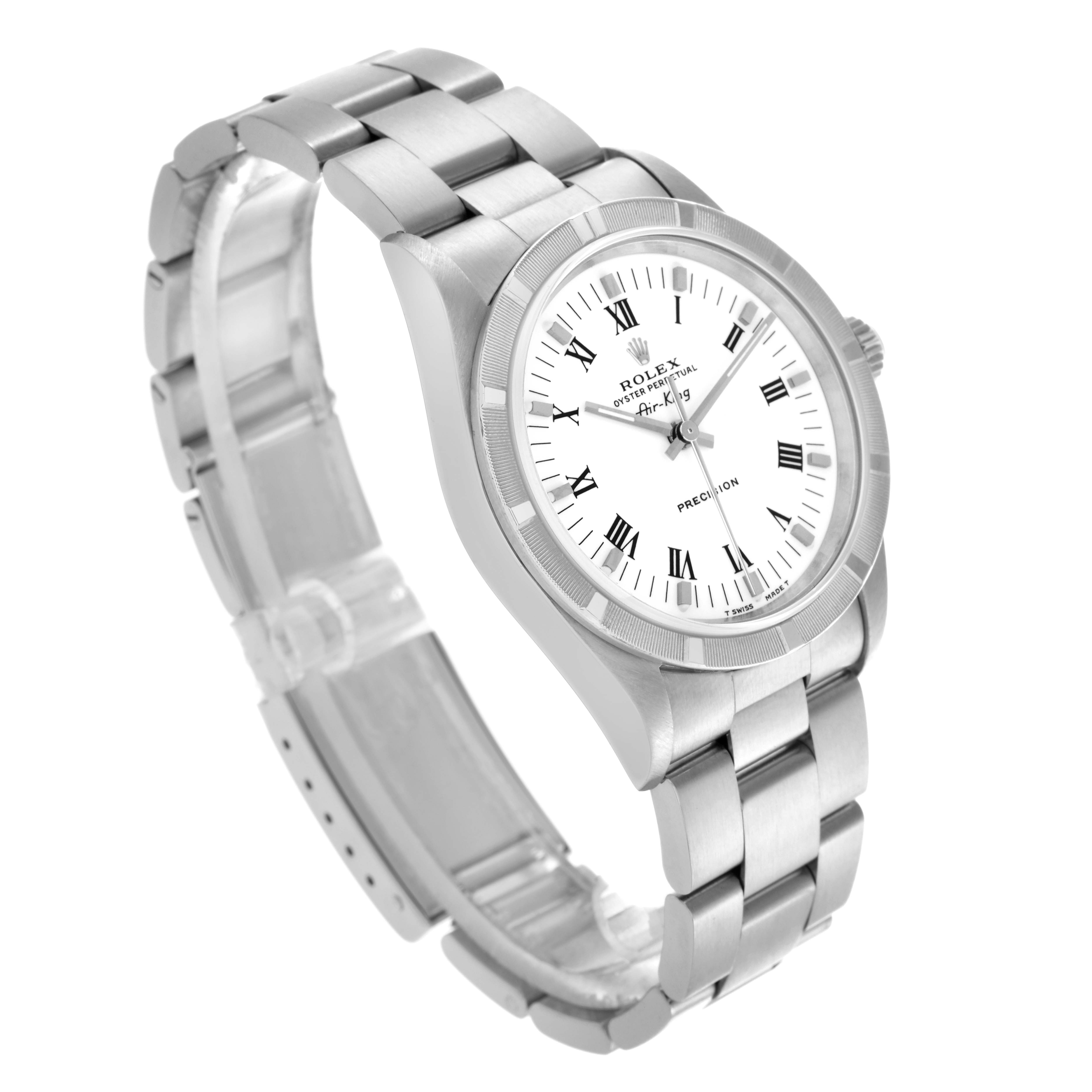 The image shows a Rolex Air-King 14010 Men's Stainless Steel White Dial 14010 Men's Stainless Steel White Dial watch at an angled top view, highlighting the dial, bezel, and partial bracelet.