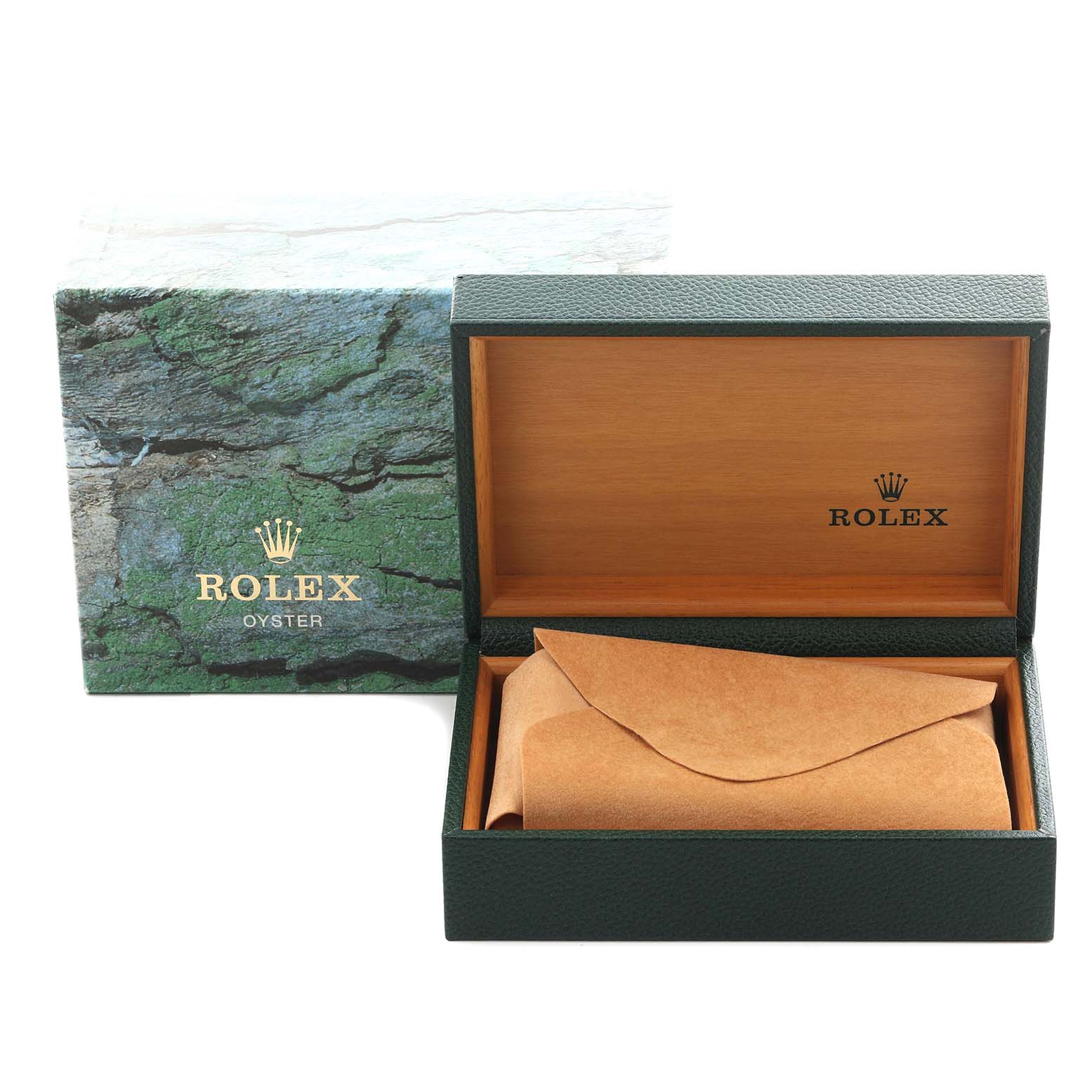 The image shows an open Rolex Air-King 14010 Men's Stainless Steel White Dial 14010 Men's Stainless Steel White Dial box with a watch case inside, viewed from the front.