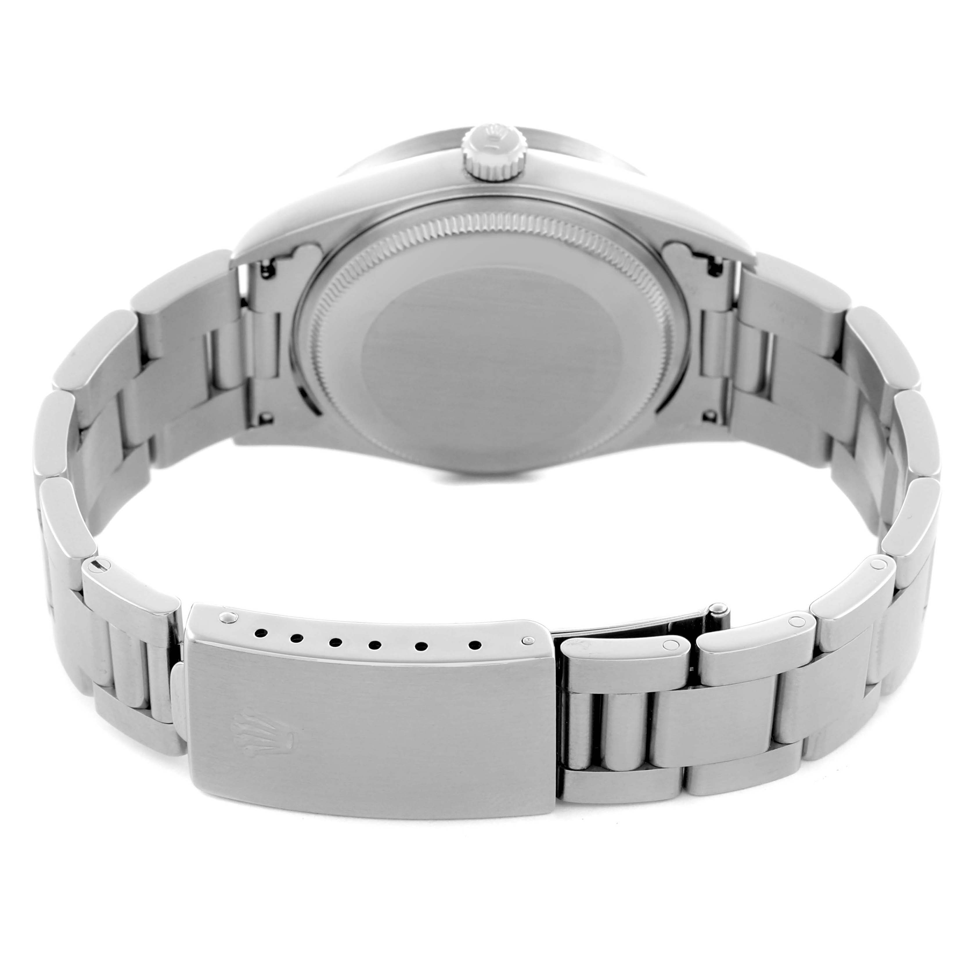 The image shows the back of a Rolex Air-King 14010 Men's Stainless Steel White Dial 14010 Men's Stainless Steel White Dial watch, highlighting the bracelet and clasp.