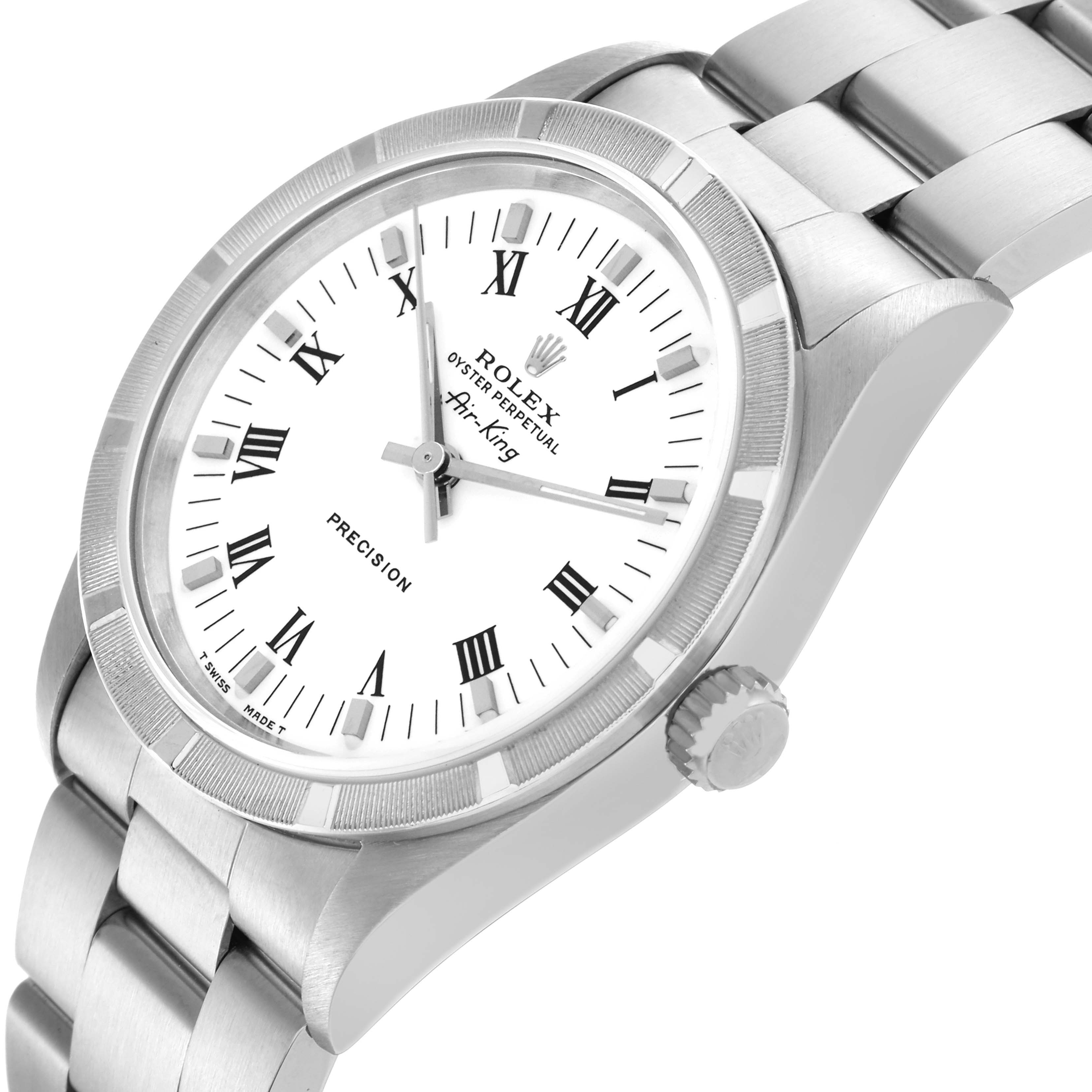 The Rolex Air-King 14010 Men's Stainless Steel White Dial 14010 Men's Stainless Steel White Dial watch is shown from a front-left angle, highlighting the face, bezel, and bracelet.