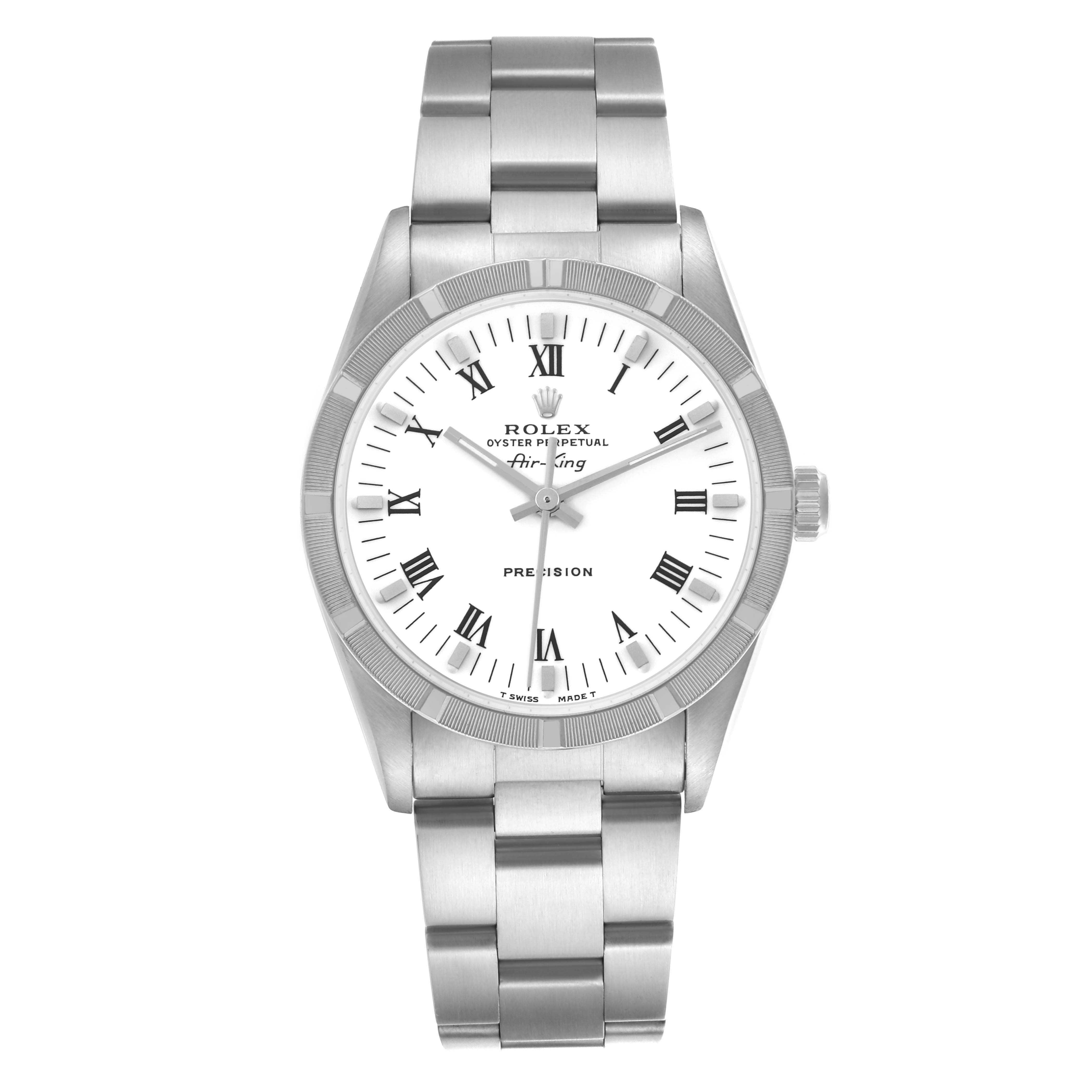 The Rolex Air-King 14010 Men's Stainless Steel White Dial 14010 Men's Stainless Steel White Dial watch is shown from a front angle, displaying the face, bezel, and bracelet.