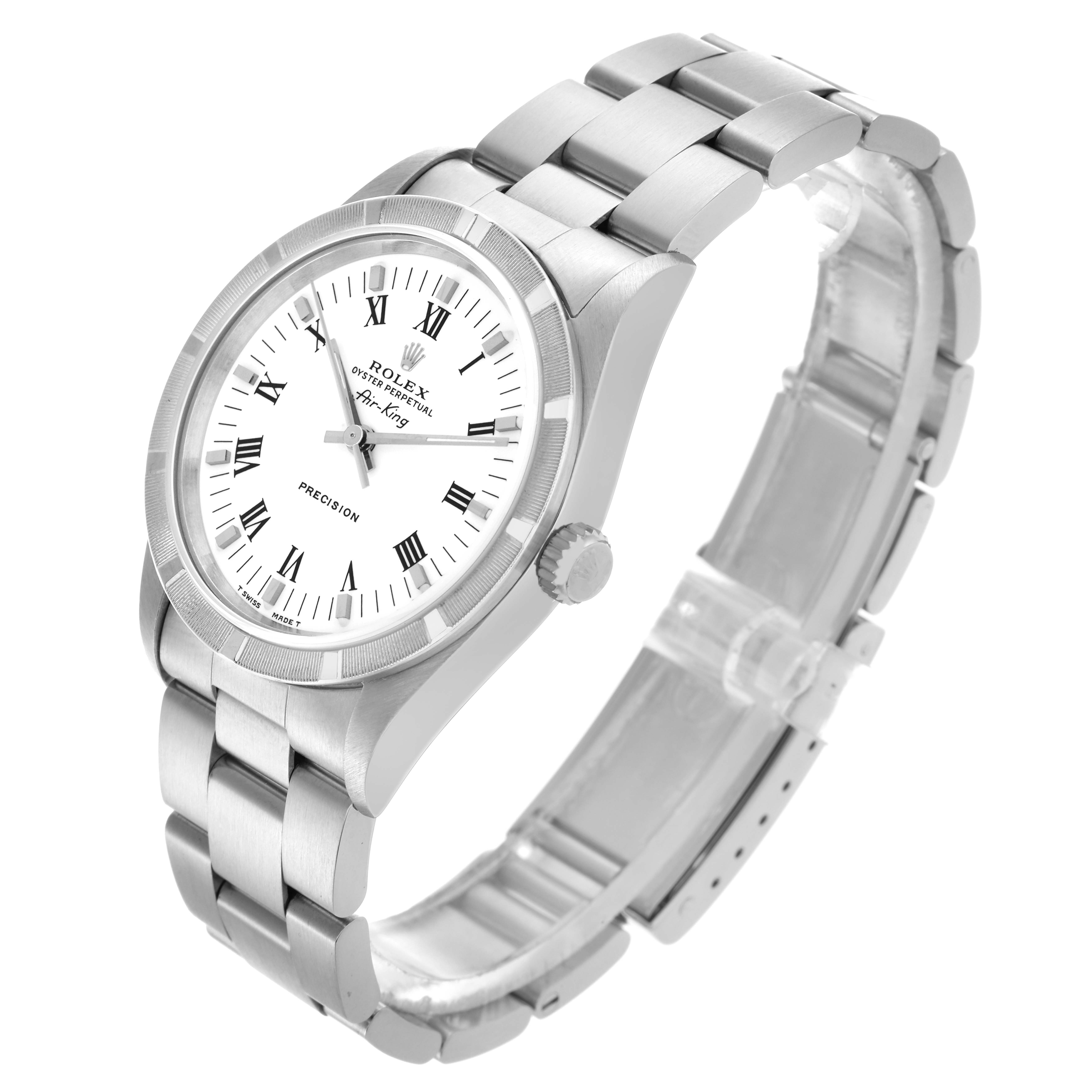 The Rolex Air-King 14010 Men's Stainless Steel White Dial 14010 Men's Stainless Steel White Dial watch is shown at a three-quarter angle, displaying the face, bezel, crown, and bracelet.