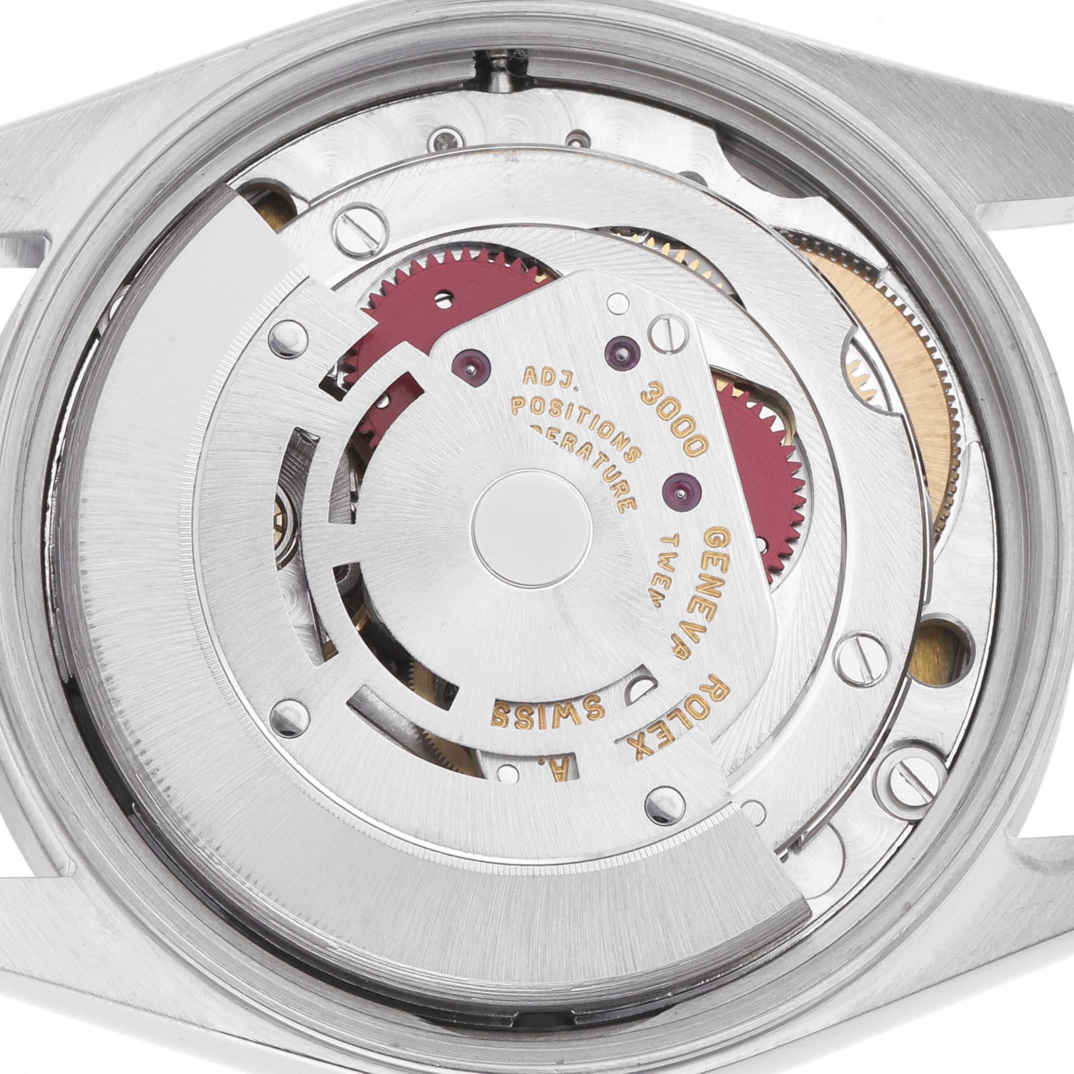 The image shows a close-up of the Rolex Air-King 14010 Men's Stainless Steel White Dial 14010 Men's Stainless Steel White Dial's movement mechanism from the back.