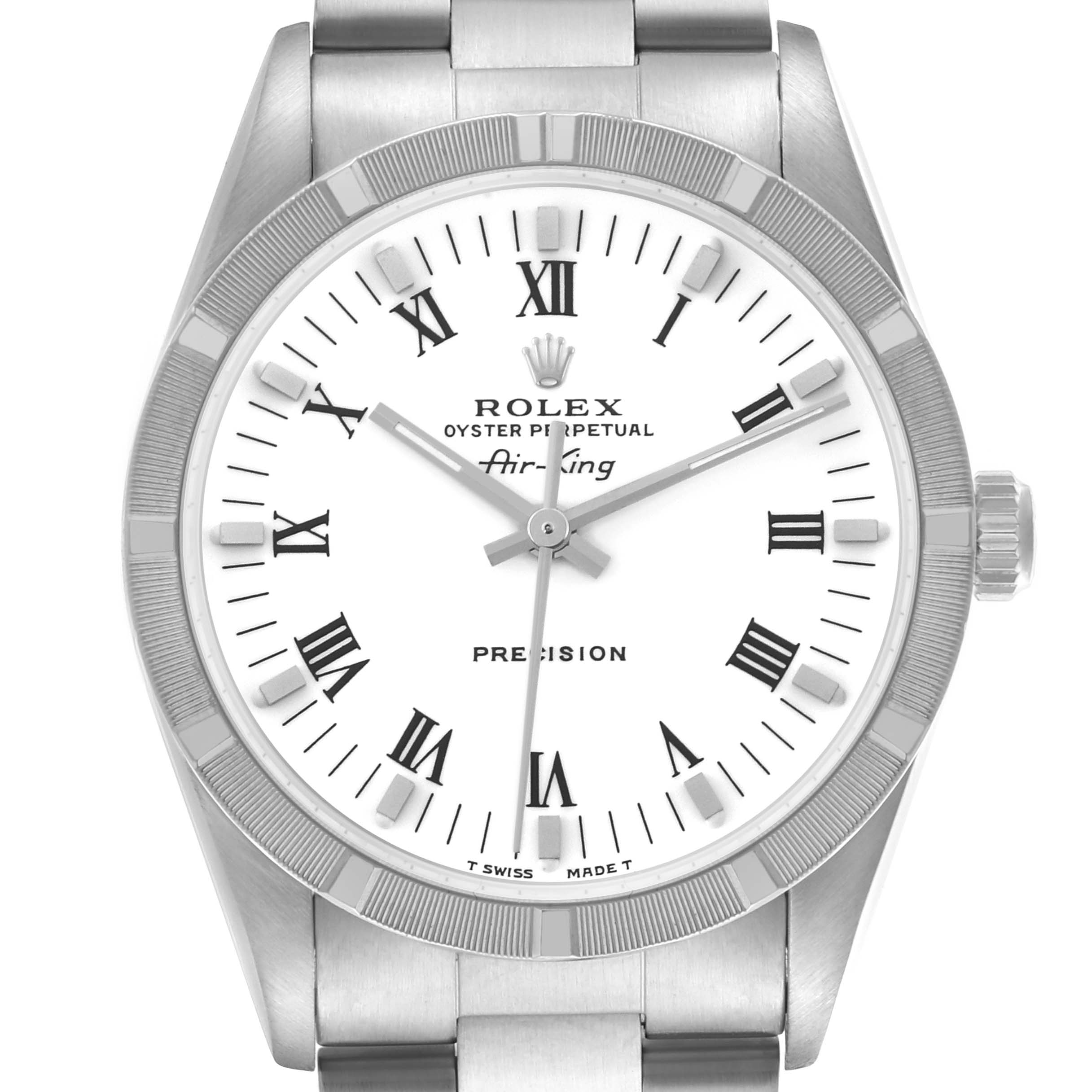 The image shows the Rolex Air-King 14010 Men's Stainless Steel White Dial 14010 Men's Stainless Steel White Dial watch from a front angle, highlighting the dial, bezel, crown, and part of the bracelet.
