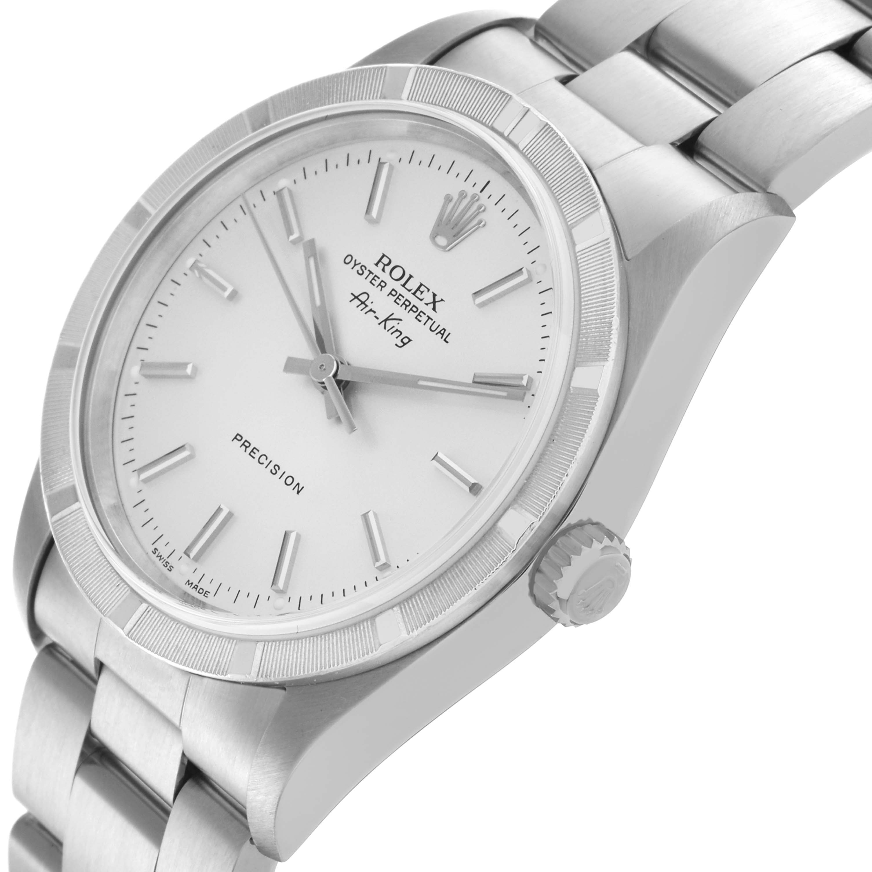 The Rolex Air-King 14010 Men's Stainless Steel Silver Dial 14010 Men's Stainless Steel Silver Dial watch is shown at a slight angle, displaying the dial, bezel, crown, and part of the bracelet.