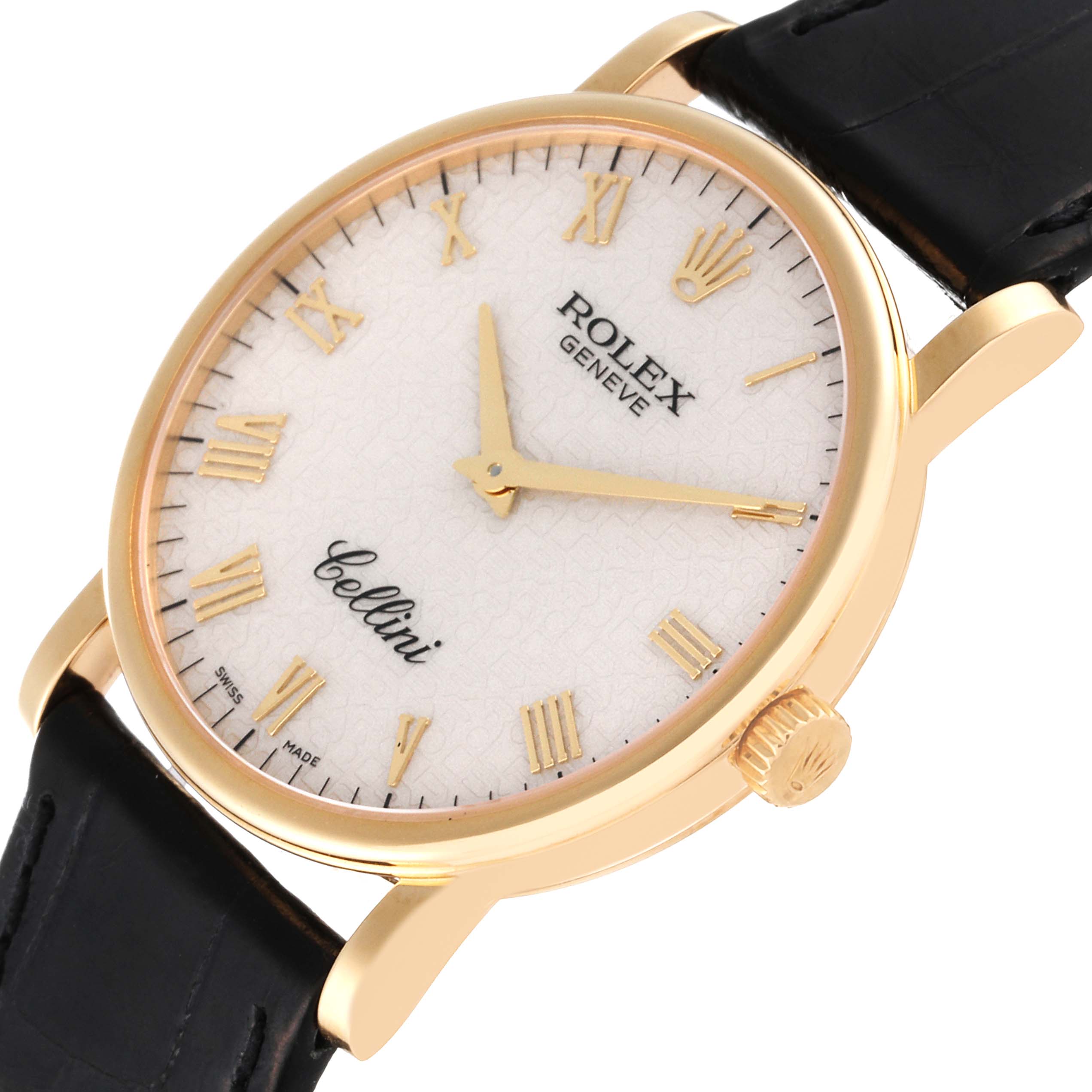 The image shows a close-up of the Rolex Cellini 5115/8 Men's Yellow Gold Beige Dial 5115/8 Men's Yellow Gold Beige Dial watch face and crown at an angle, highlighting its gold case and black leather strap.