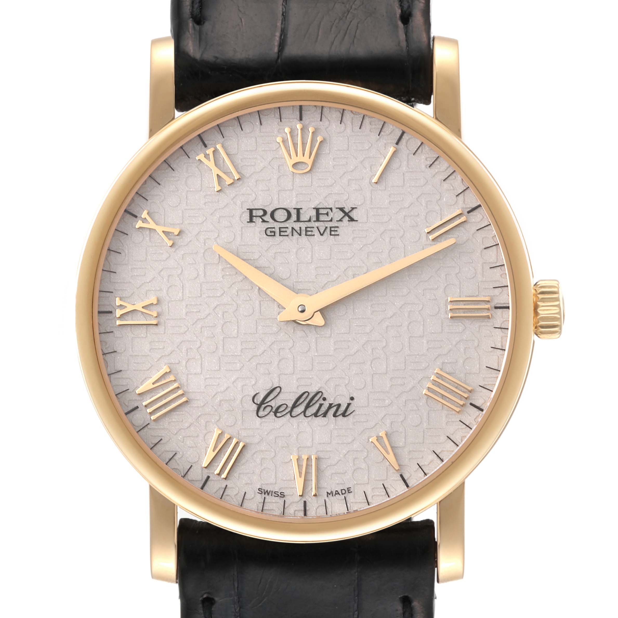 The Rolex Cellini 5115/8 Men's Yellow Gold Beige Dial 5115/8 Men's Yellow Gold Beige Dial watch is shown from a front angle, highlighting its face, Roman numeral markers, and partial black leather strap.
