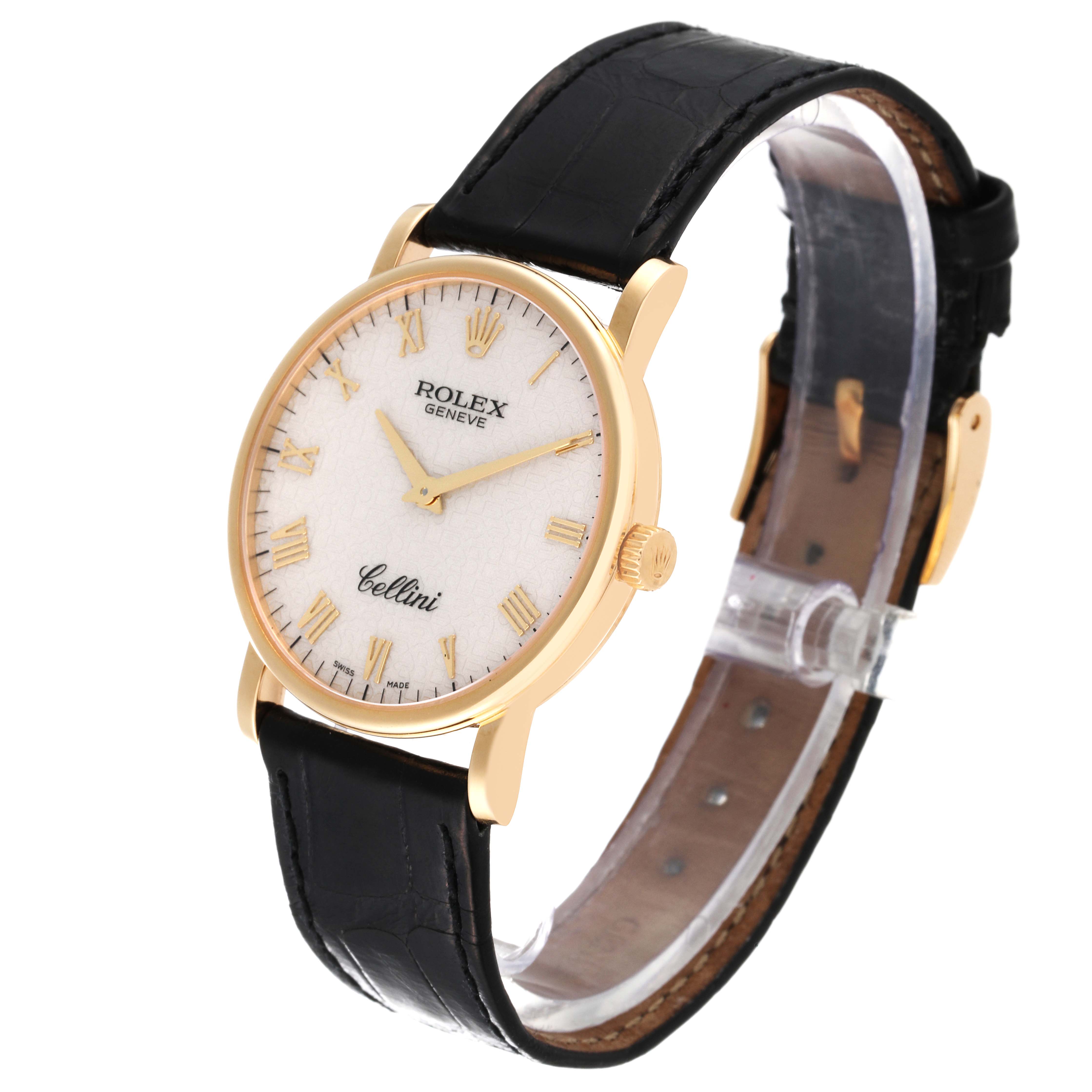 The image shows a Rolex Cellini 5115/8 Men's Yellow Gold Beige Dial 5115/8 Men's Yellow Gold Beige Dial watch at a three-quarter angle, displaying its face, case, strap, and crown.