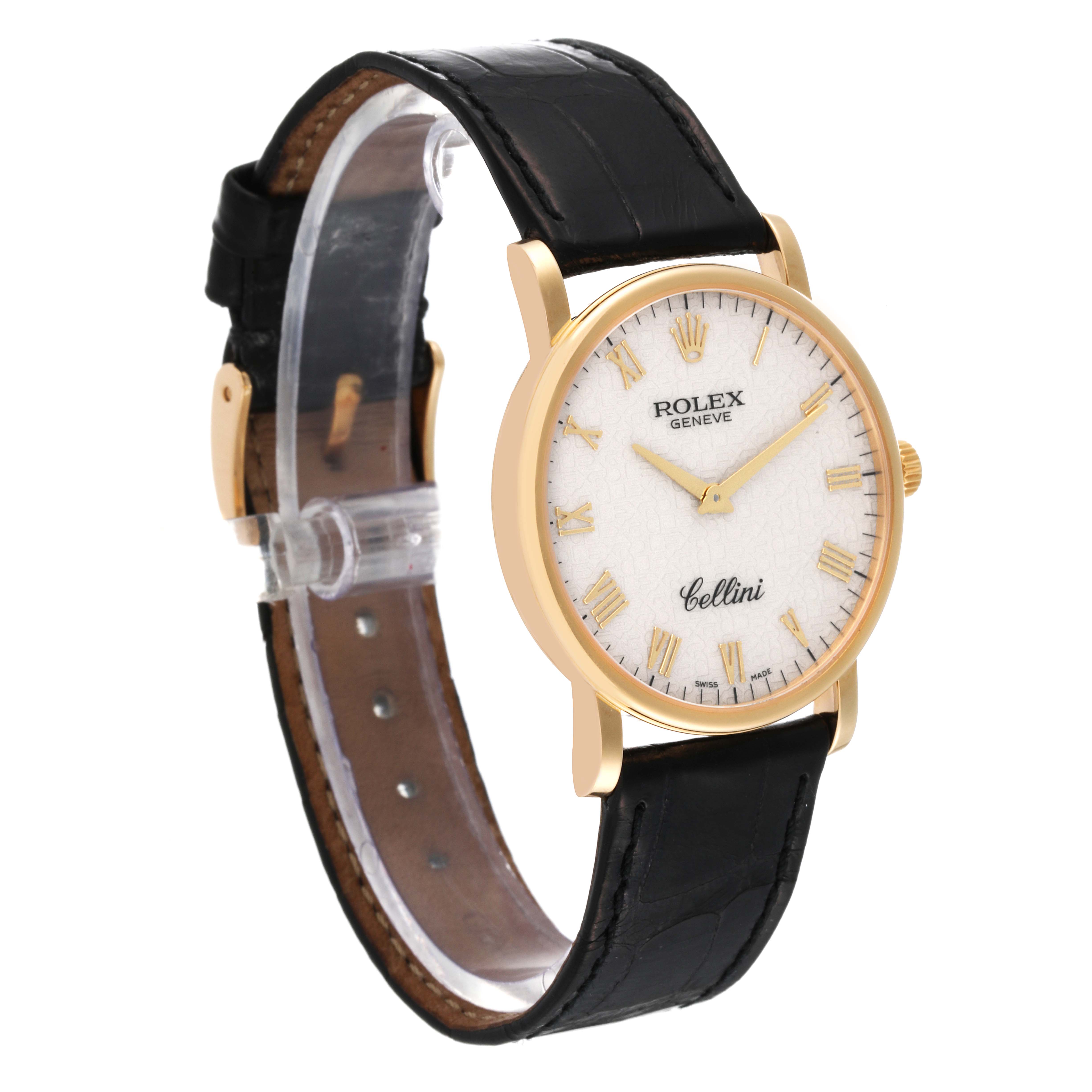 The image shows a Rolex Cellini 5115/8 Men's Yellow Gold Beige Dial 5115/8 Men's Yellow Gold Beige Dial watch viewed from an angle that highlights the face, bezel, crown, and black leather strap.