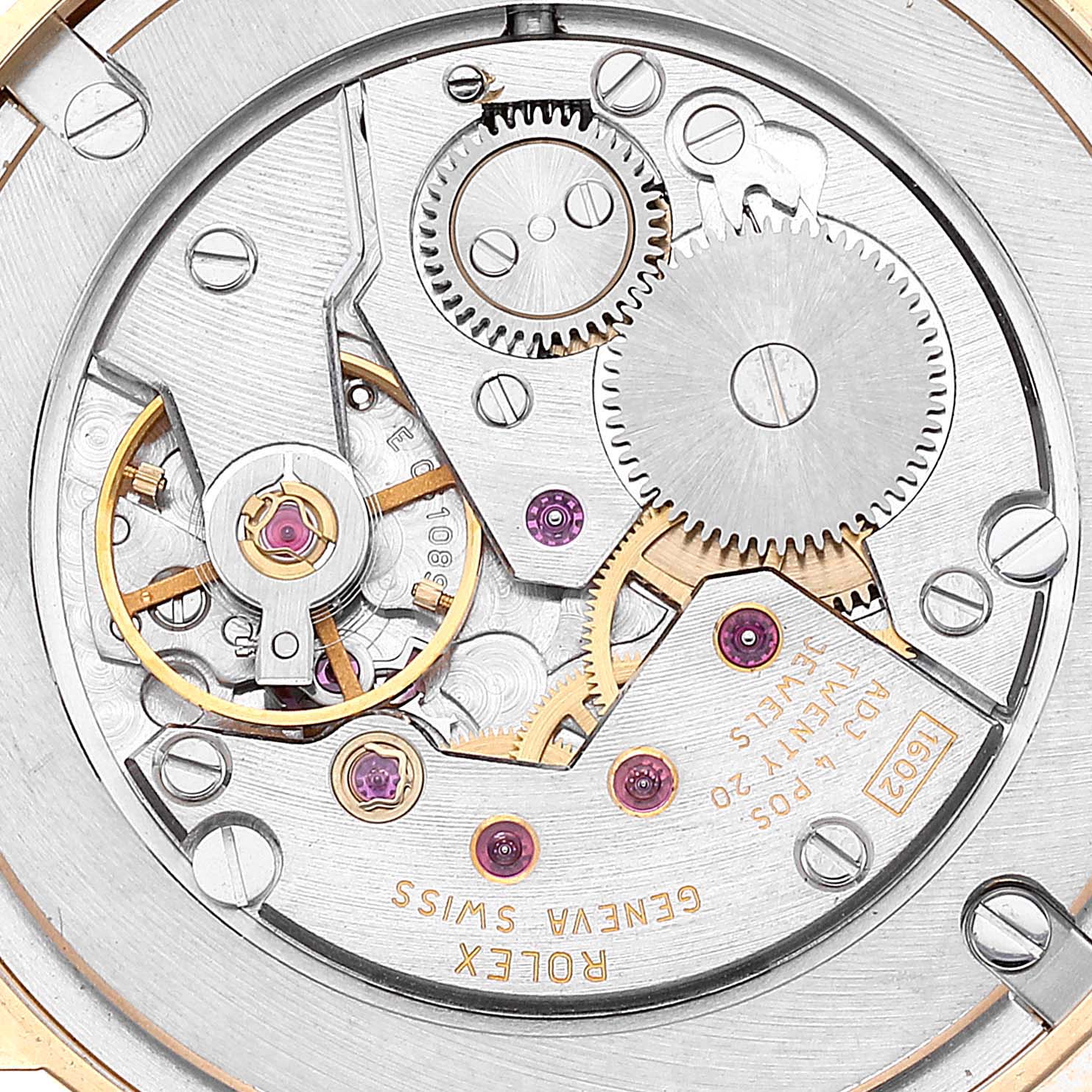 This image shows a close-up view of the intricate internal mechanisms of the Rolex Cellini 5115/8 Men's Yellow Gold Beige Dial 5115/8 Men's Yellow Gold Beige Dial model watch.