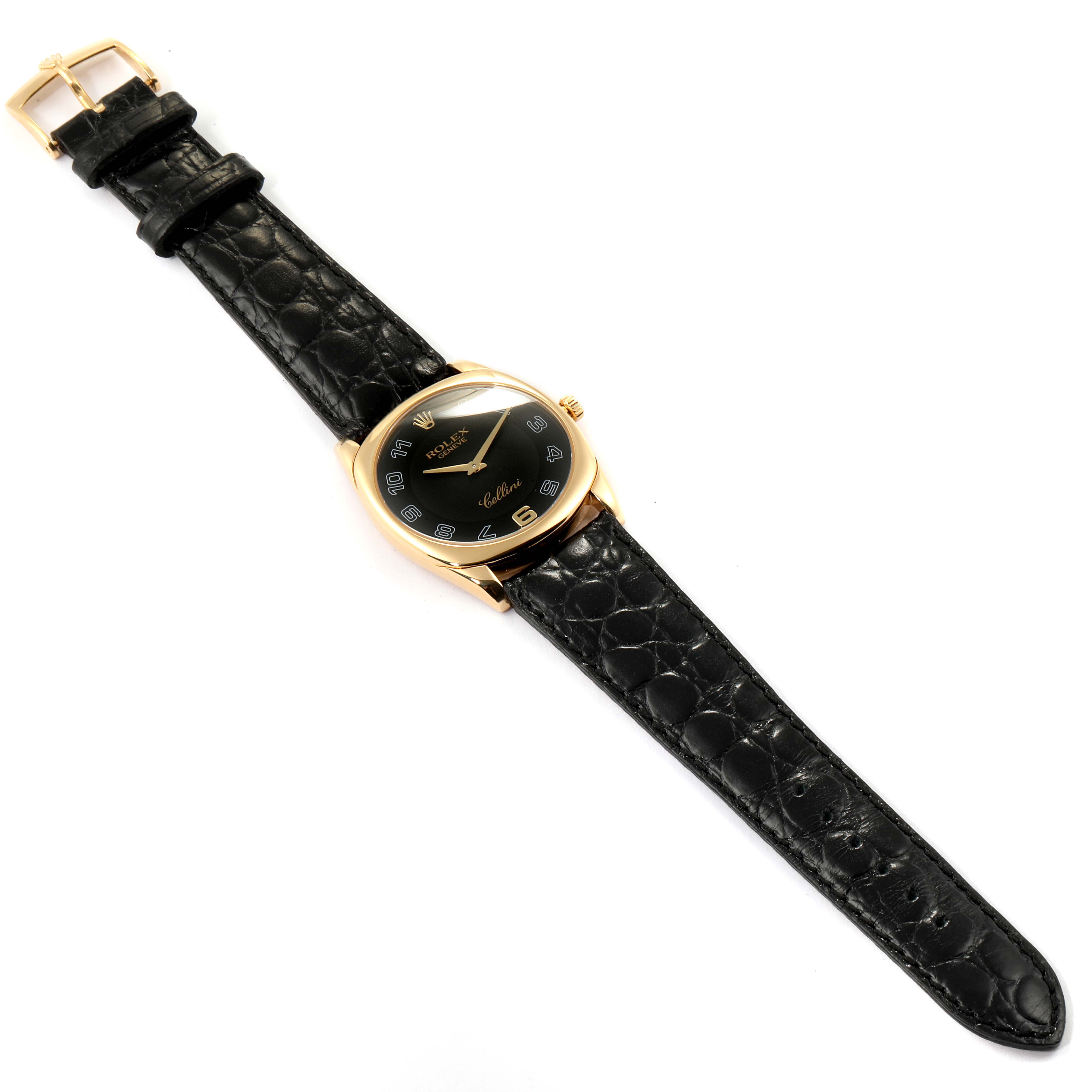 The image shows a top view of a Rolex Cellini 4233 Men's Yellow Gold Black Dial 4233 Men's Yellow Gold Black Dial model watch, featuring a black leather strap and a black dial with gold accents.