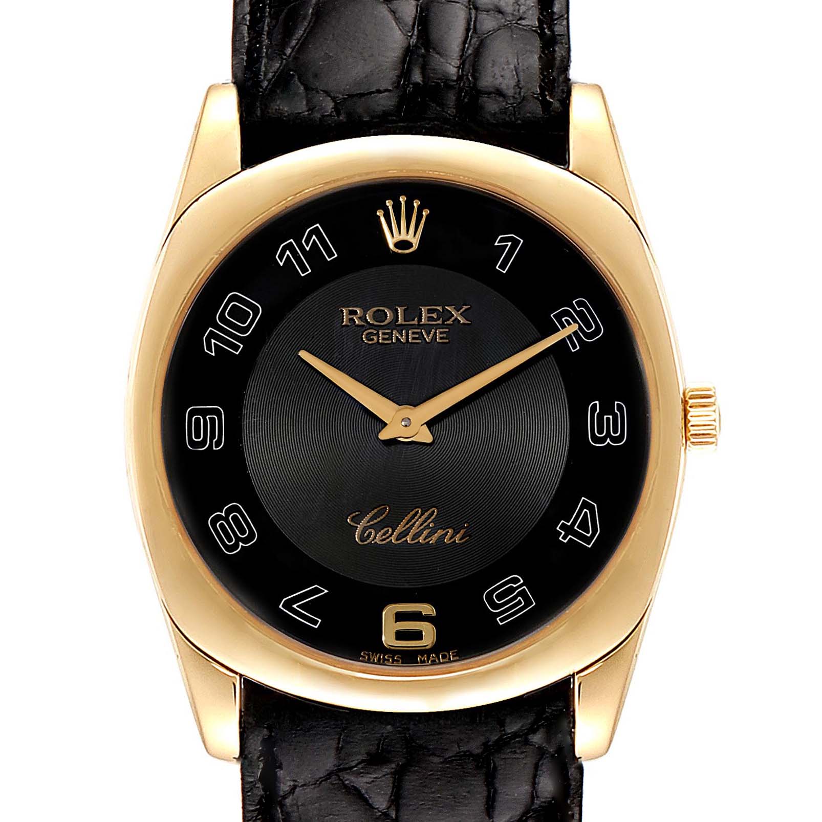 This image shows a frontal view of a Rolex Cellini 4233 Men's Yellow Gold Black Dial 4233 Men's Yellow Gold Black Dial watch, highlighting its black dial, gold case, and black leather strap.