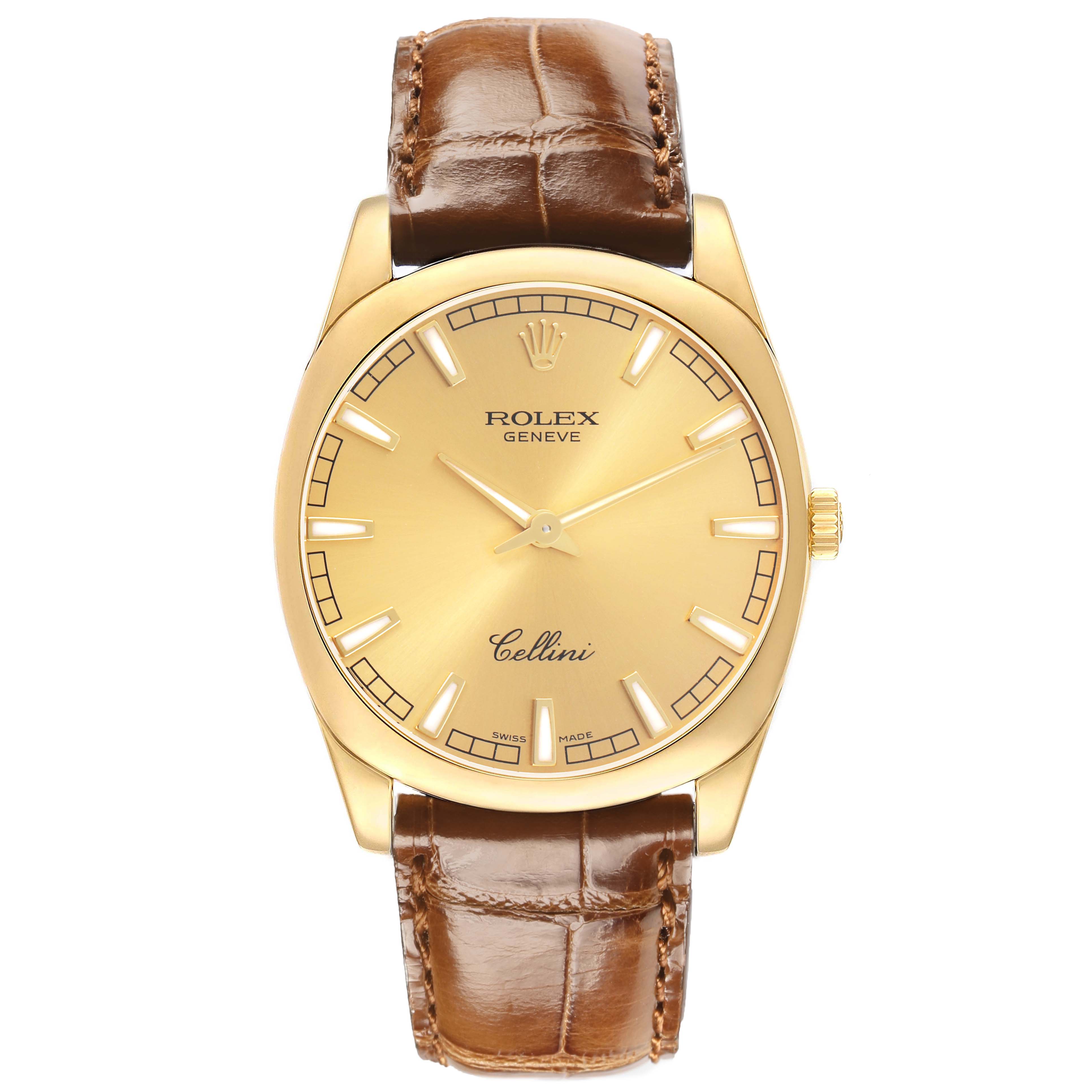 The Rolex Cellini 4243 Men's Yellow Gold Champagne Dial watch is shown from a front angle, displaying the dial, case, crown, and leather strap.