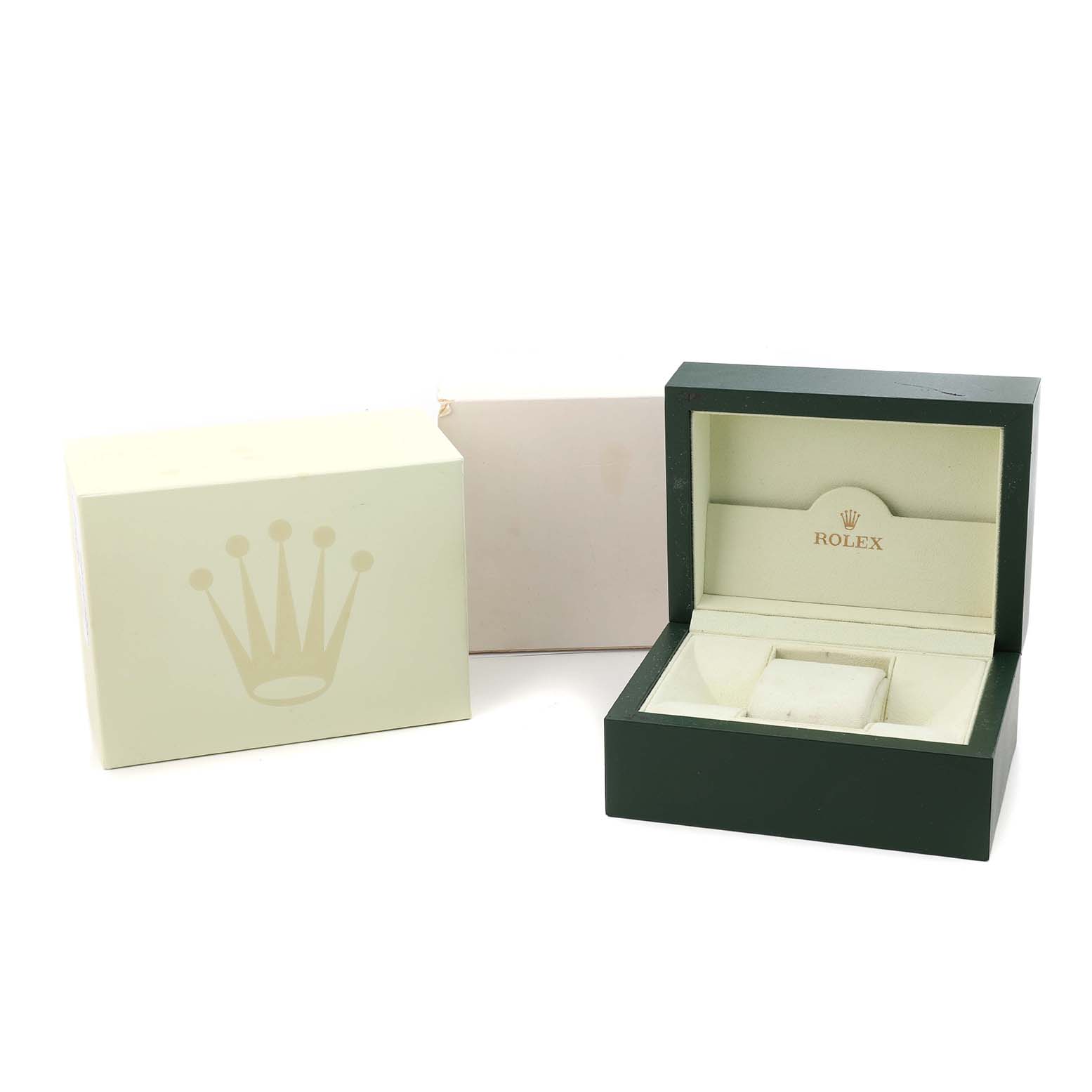 The image shows a Rolex Cellini 4243 Men's Yellow Gold Champagne Dial watch box with its lid open, alongside its outer packaging.