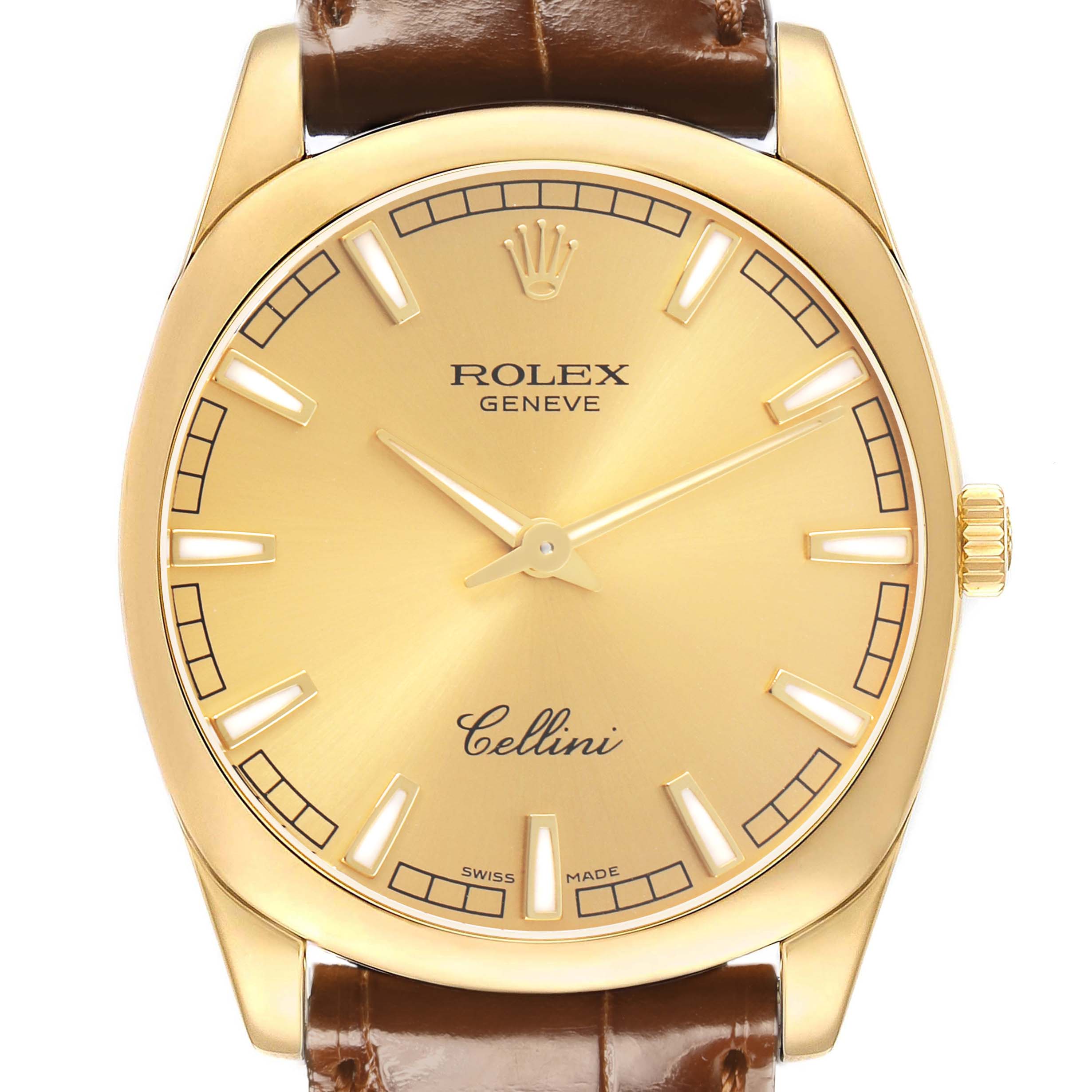 The Rolex Cellini 4243 Men's Yellow Gold Champagne Dial watch is shown from a front angle, highlighting its gold dial, hands, markers, and brown leather strap.