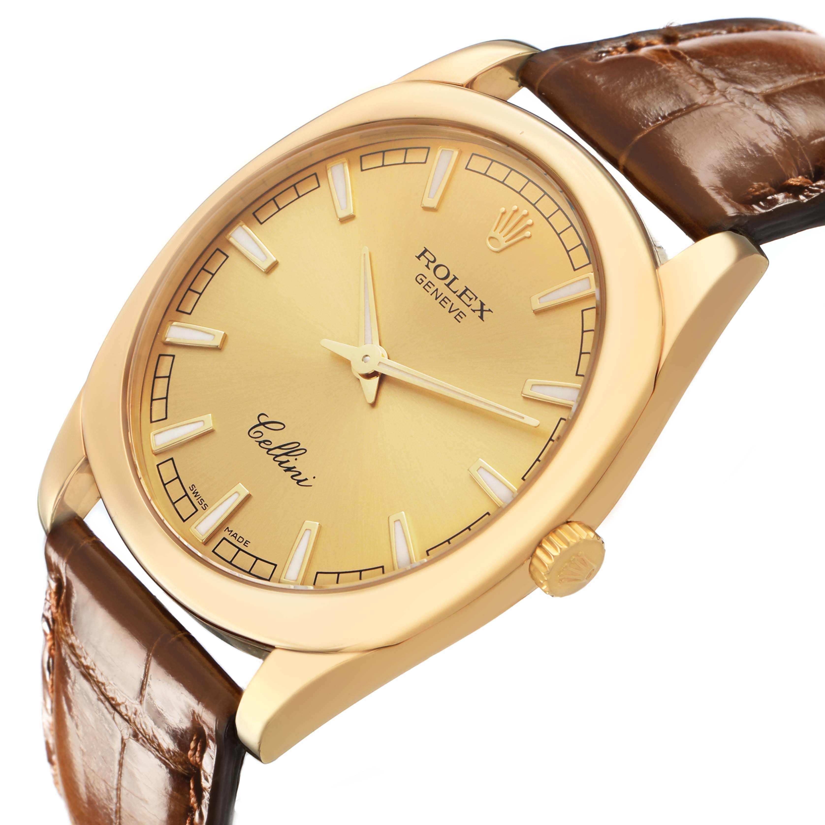 The Rolex Cellini 4243 Men's Yellow Gold Champagne Dial watch is shown at an angled top view, highlighting its gold case, dial, and leather strap.