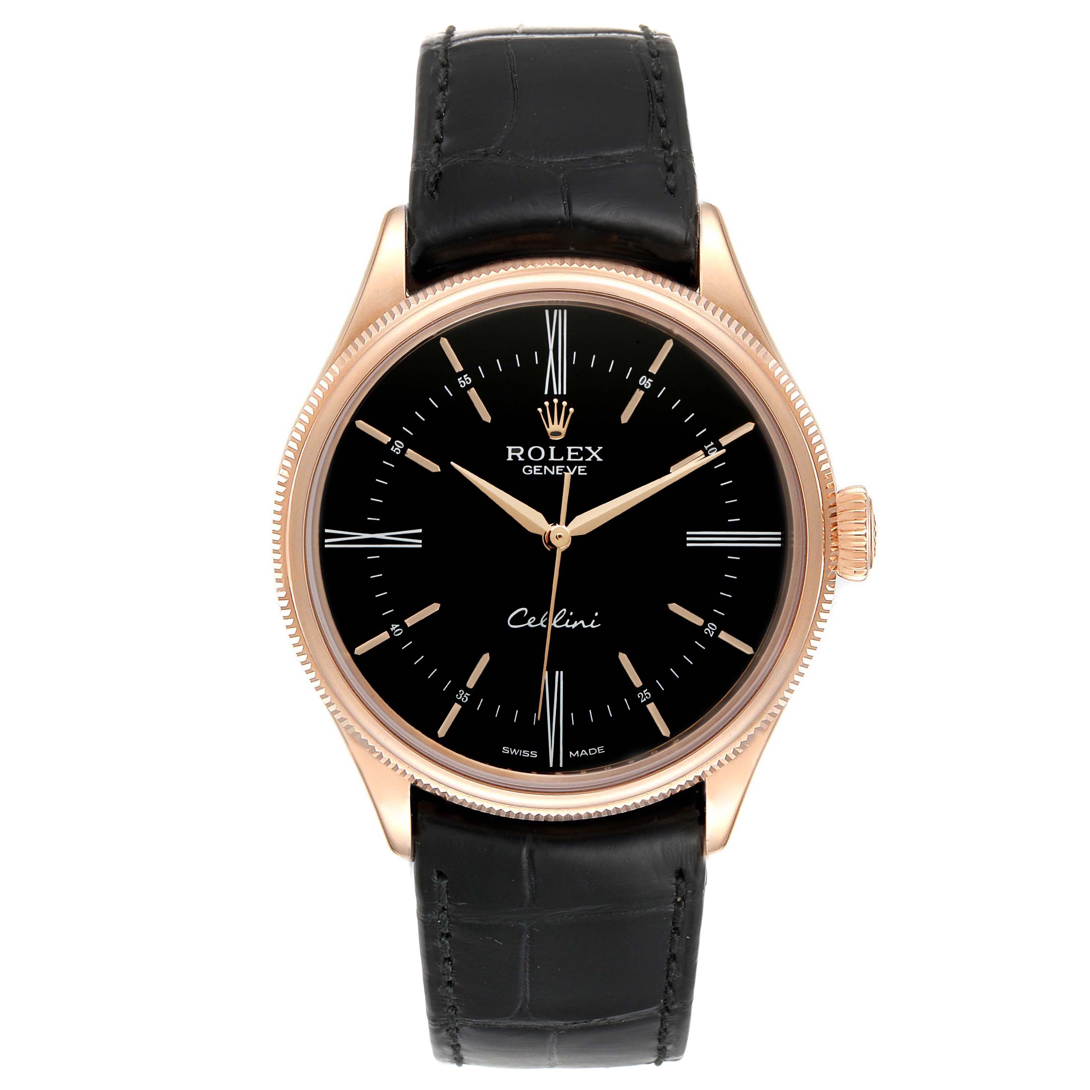 This image shows a Rolex Cellini 50505 Men's Rose Gold Black Dial 50505 Men's Rose Gold Black Dial watch from a front angle, highlighting the face, hands, crown, and leather strap.