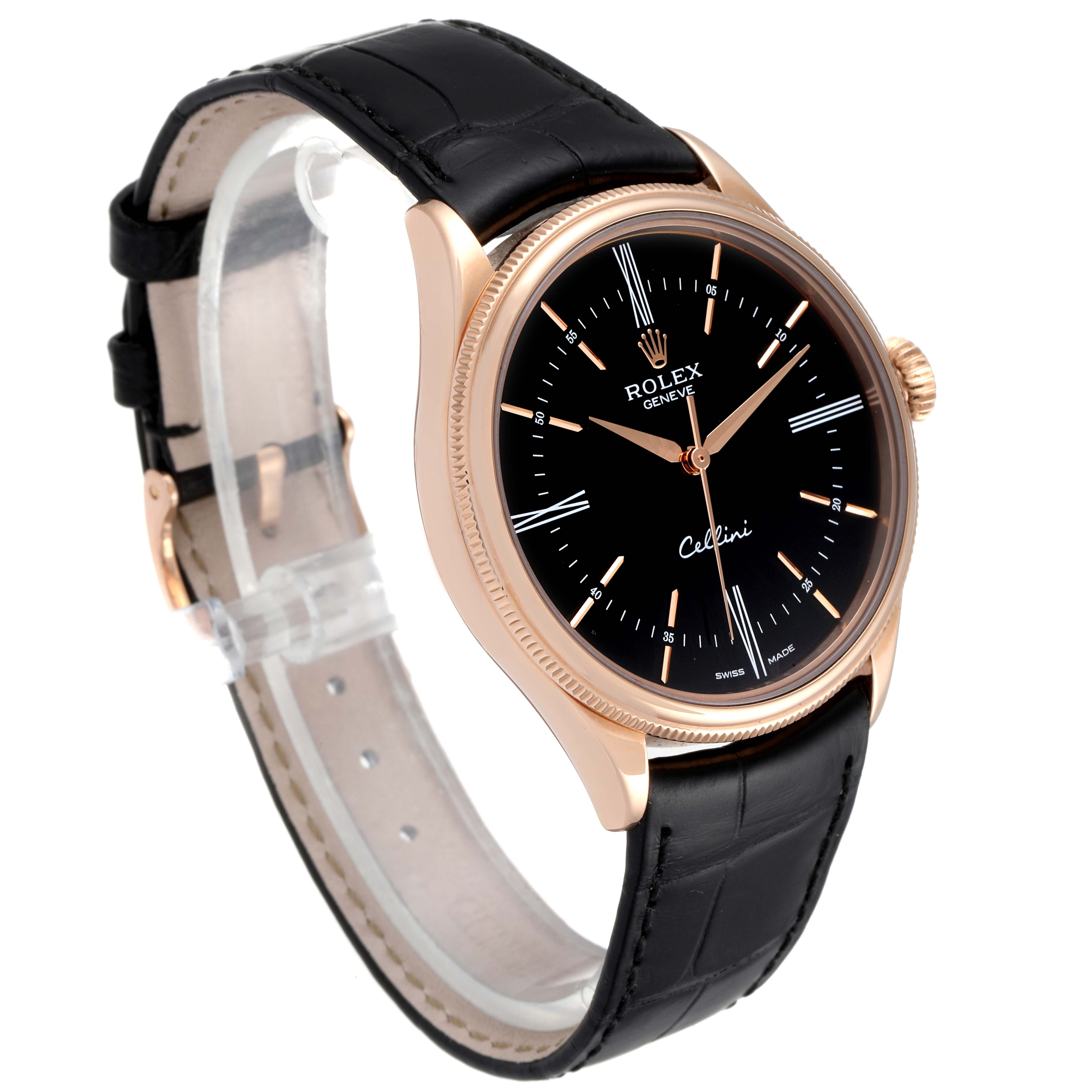 The Rolex Cellini 50505 Men's Rose Gold Black Dial 50505 Men's Rose Gold Black Dial watch is shown at a three-quarter angle, highlighting the black dial, rose gold case, and black leather strap.