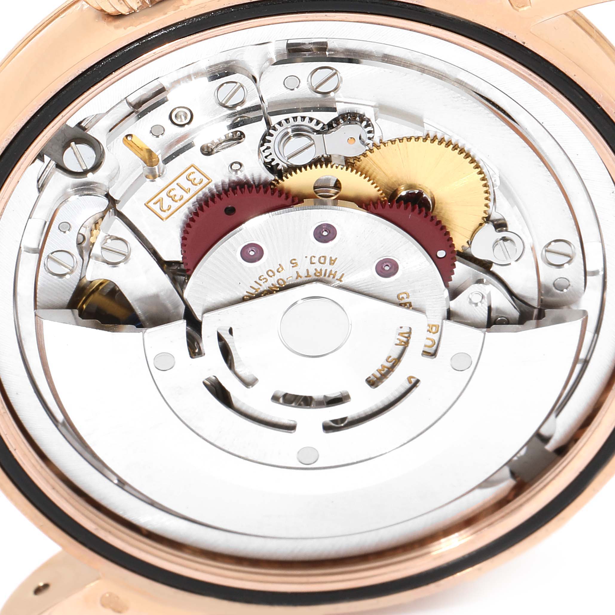 This image shows the internal mechanism of a Rolex Cellini 50505 Men's Rose Gold Black Dial 50505 Men's Rose Gold Black Dial watch viewed from the back.