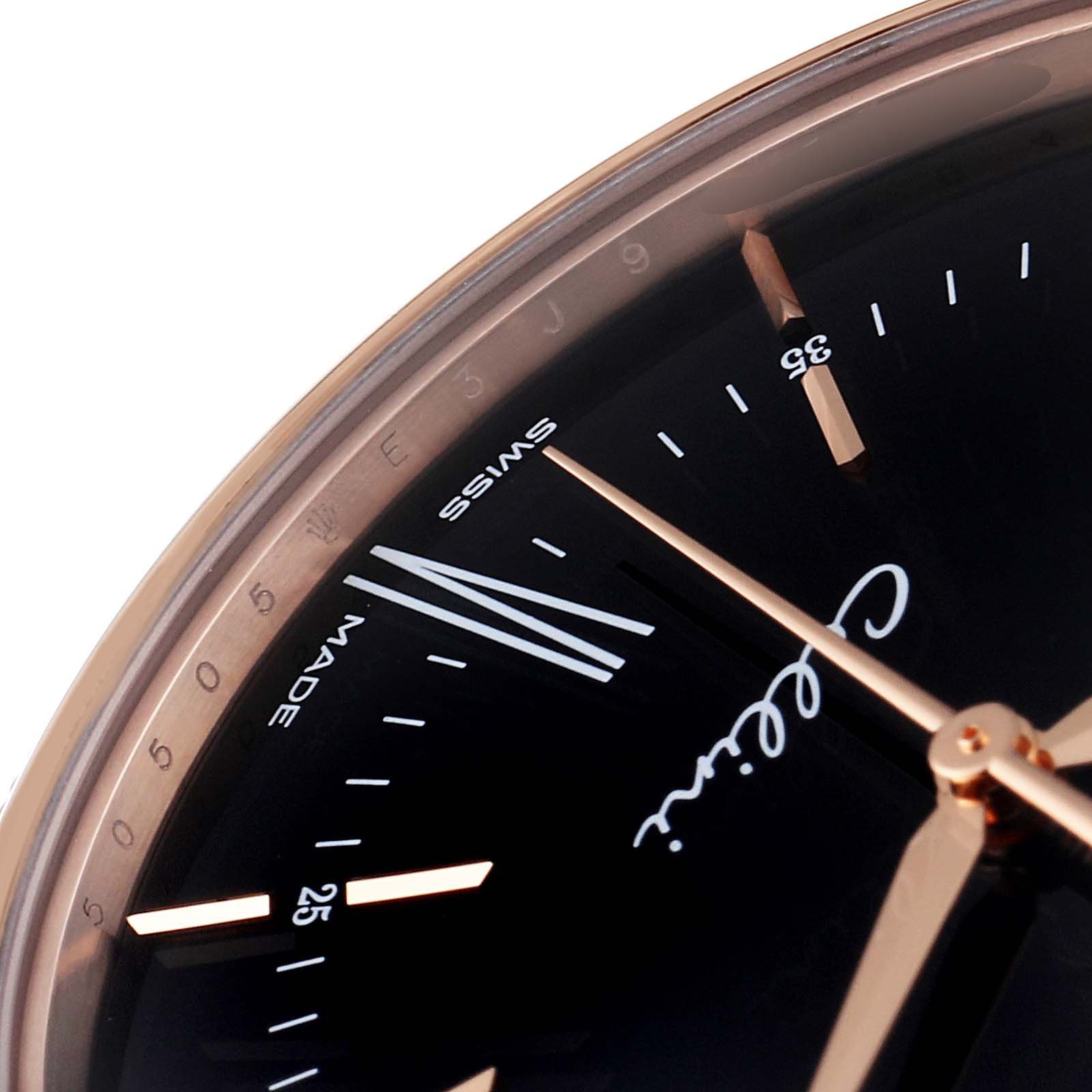 The image shows a close-up, angled view of the dial and hour markers of the Rolex Cellini 50505 Men's Rose Gold Black Dial 50505 Men's Rose Gold Black Dial watch.