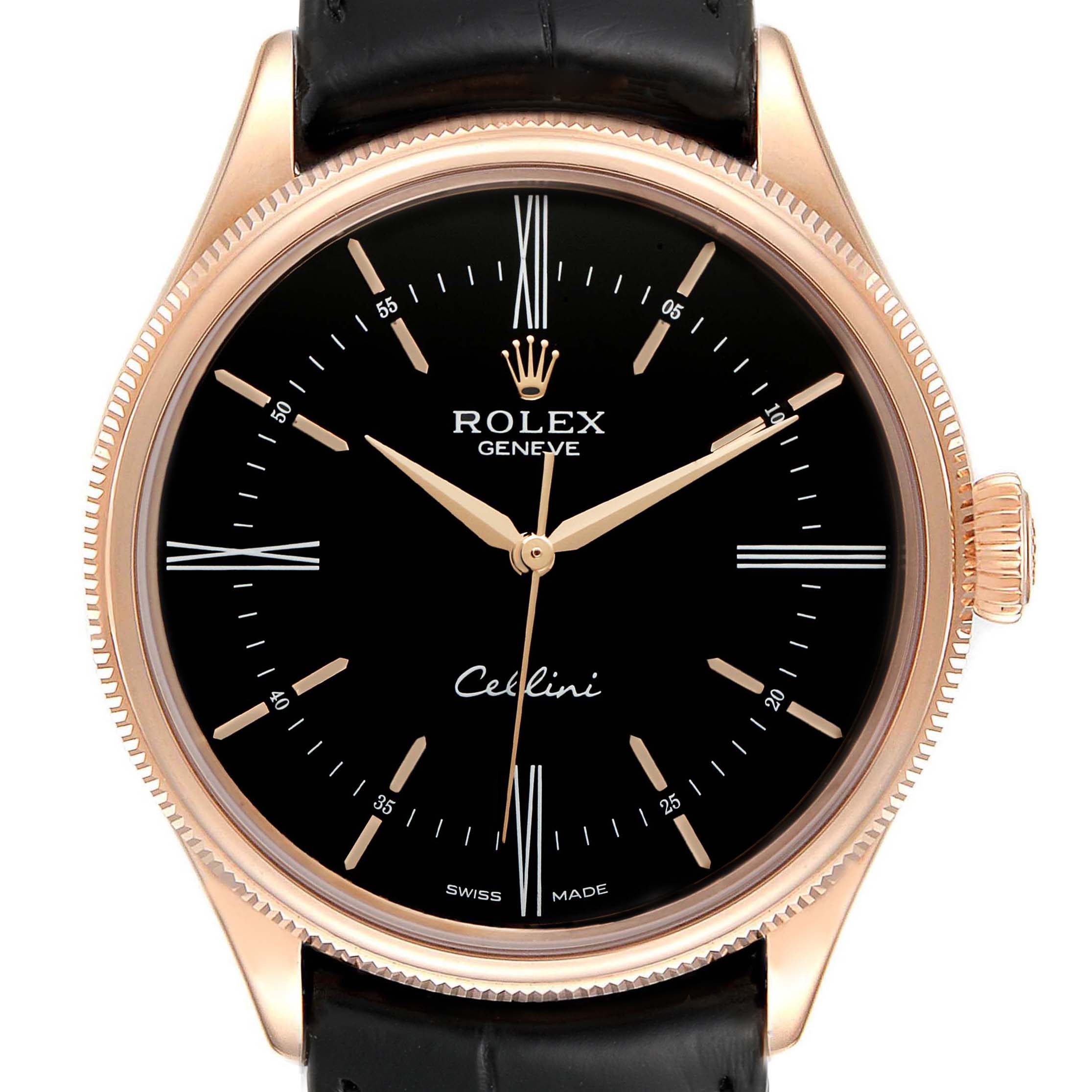 The image shows a front view of the Rolex Cellini 50505 Men's Rose Gold Black Dial 50505 Men's Rose Gold Black Dial watch, highlighting its black dial, rose gold case, and black leather strap.