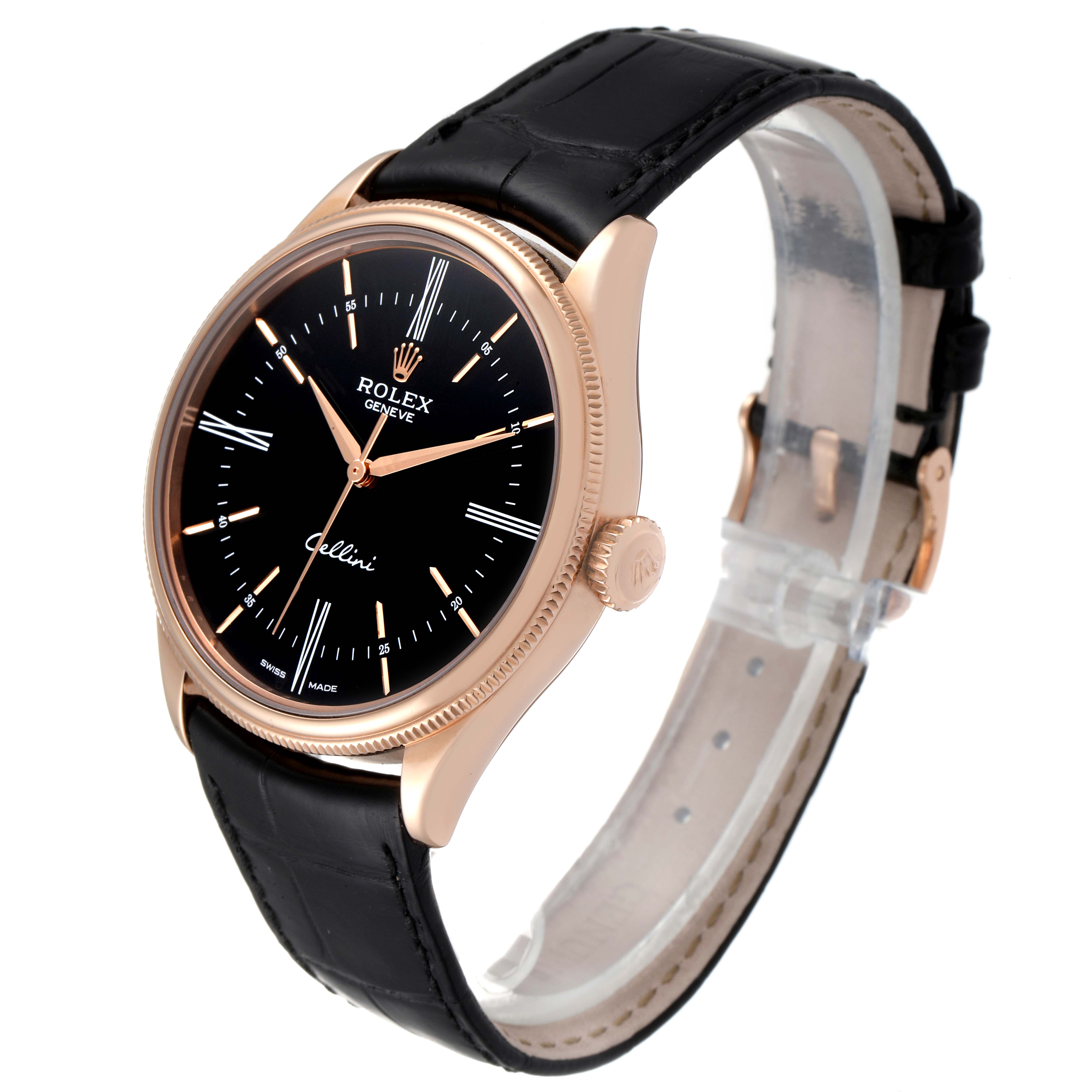 The image shows a Rolex Cellini 50505 Men's Rose Gold Black Dial 50505 Men's Rose Gold Black Dial watch at a slight angle, highlighting its black dial, rose gold case, and black leather strap.