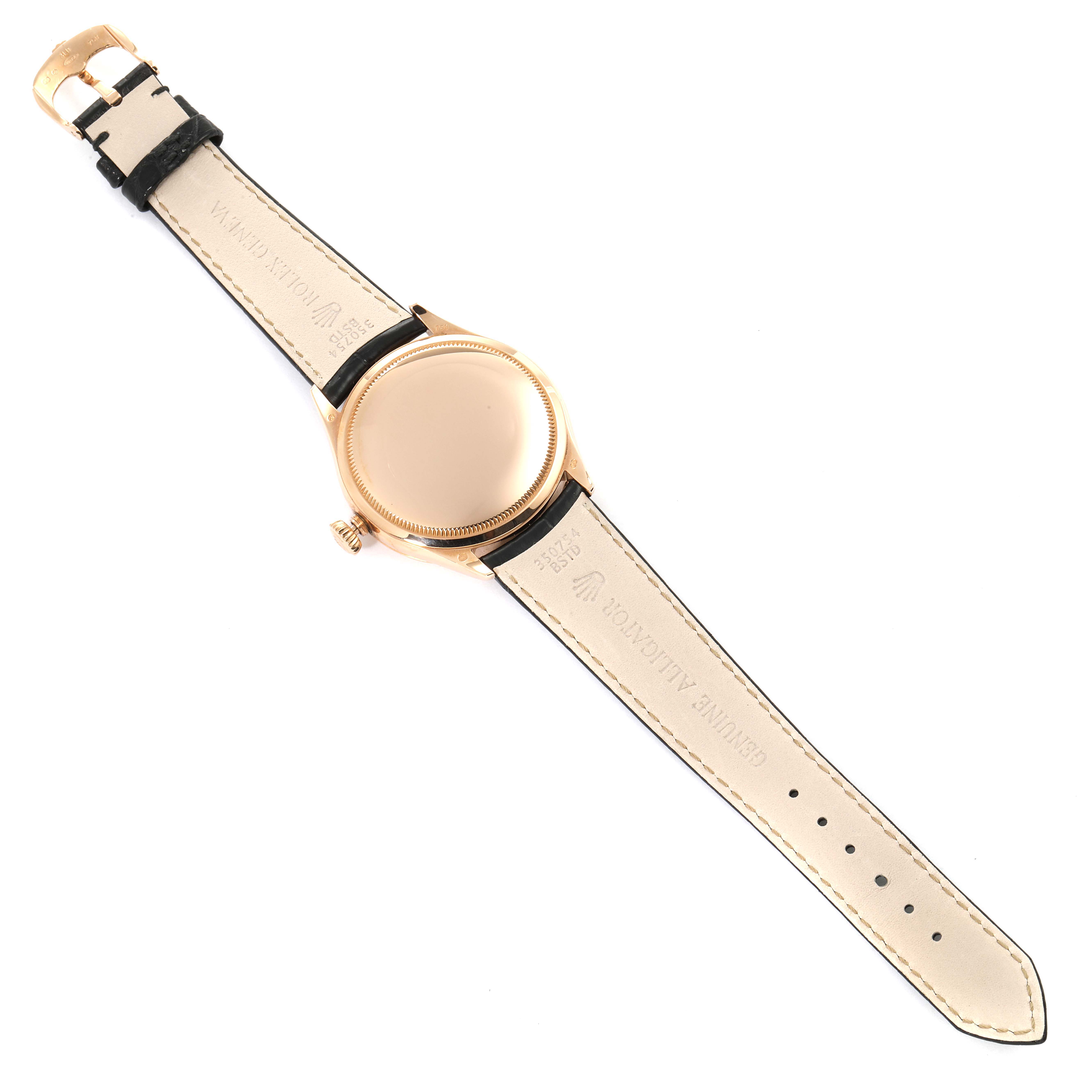 The image shows the back view of a Rolex Cellini 50505 Men's Rose Gold Black Dial 50505 Men's Rose Gold Black Dial watch, highlighting the strap and case back.