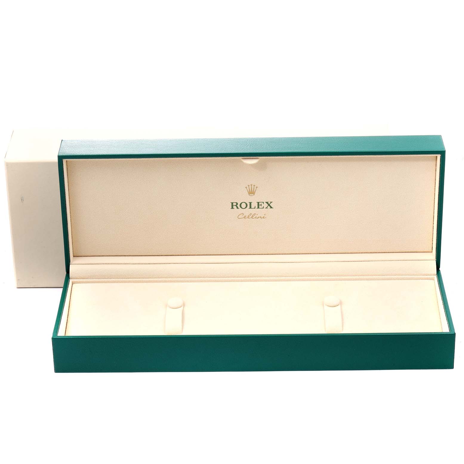 The image shows an open Rolex Cellini 50505 Men's Rose Gold Black Dial 50505 Men's Rose Gold Black Dial watch box at a front angle, displaying the interior lining and compartments.