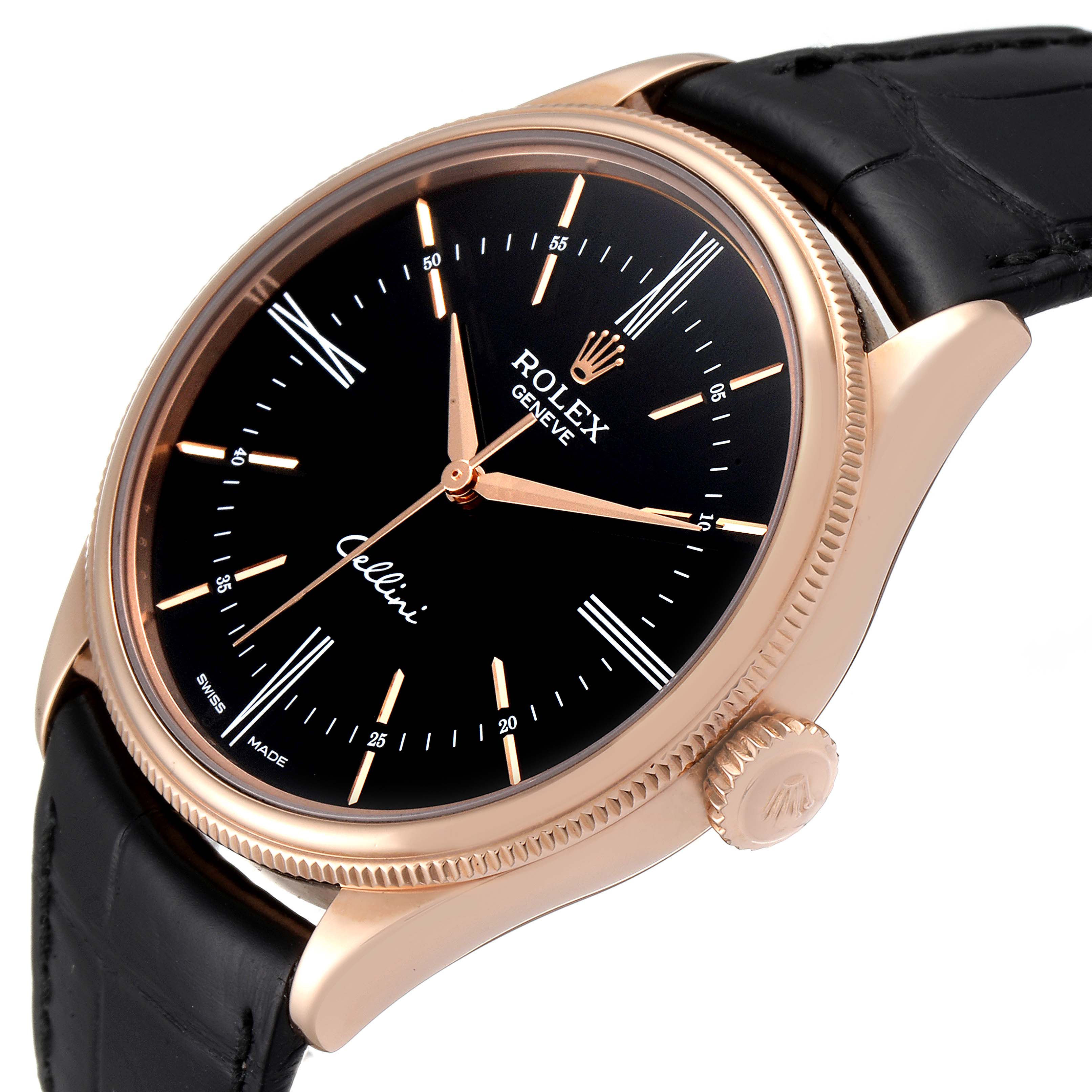 The image shows a side and front angle of the Rolex Cellini 50505 Men's Rose Gold Black Dial 50505 Men's Rose Gold Black Dial watch, highlighting its black dial, gold bezel, and crown.