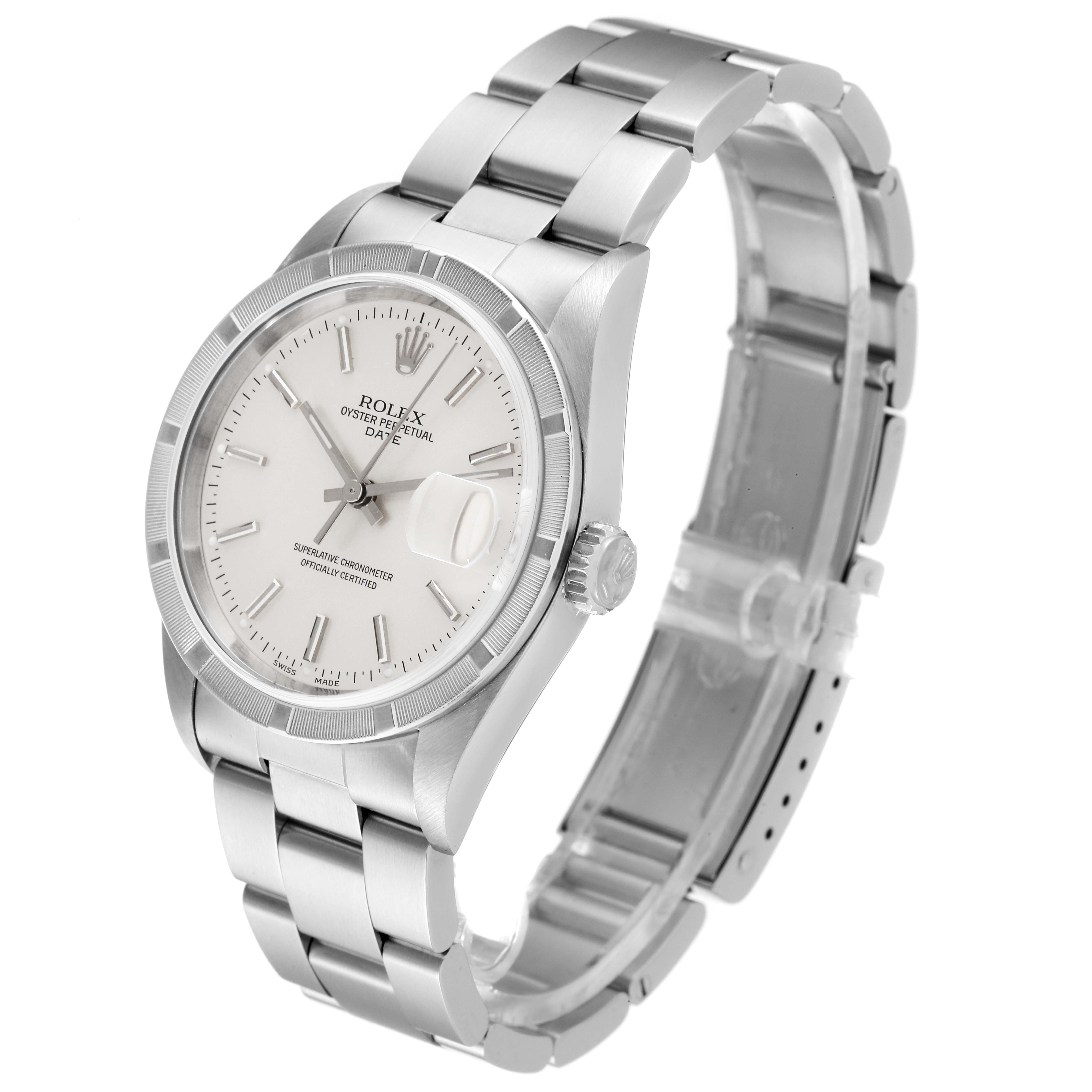 The image shows a side angle of a Rolex Date 15210 Men's Stainless Steel Silver Dial 15210 Men's Stainless Steel Silver Dial model watch featuring the dial, bezel, crown, and bracelet.