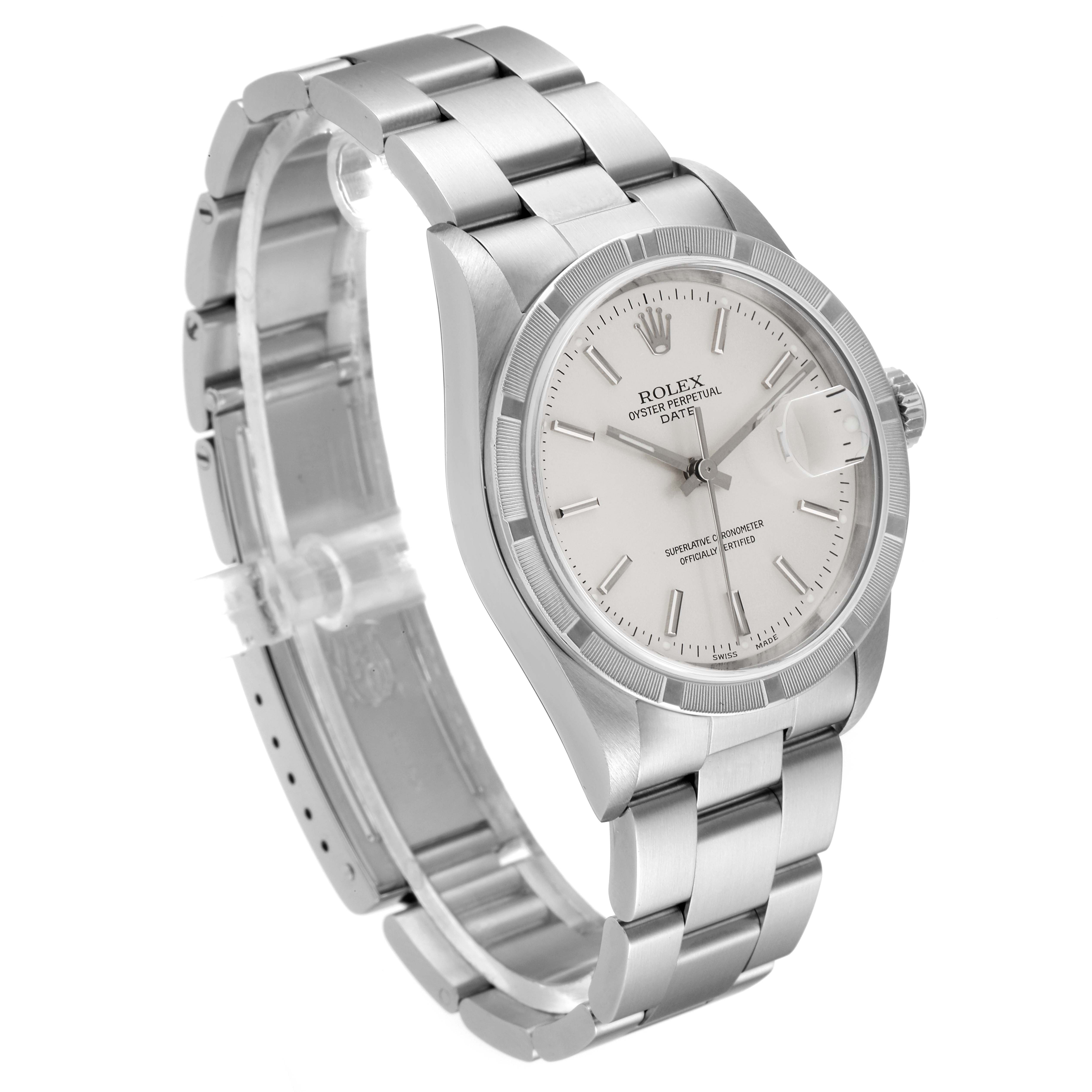 The image shows a side view of a Rolex Date 15210 Men's Stainless Steel Silver Dial 15210 Men's Stainless Steel Silver Dial model watch, highlighting the bracelet, dial, and bezel.